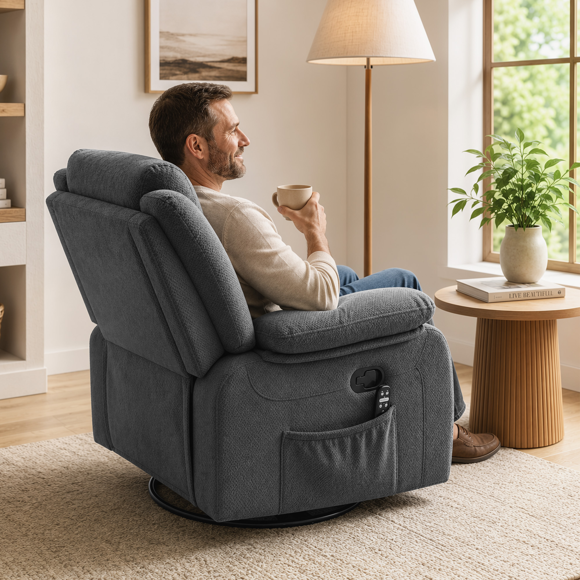 Relaxsessel mit Vibrationsmassage und Wärme, manuell verstellbarer Drehsessel mit Schaukelfunktion und Taschenfederkern, Grau