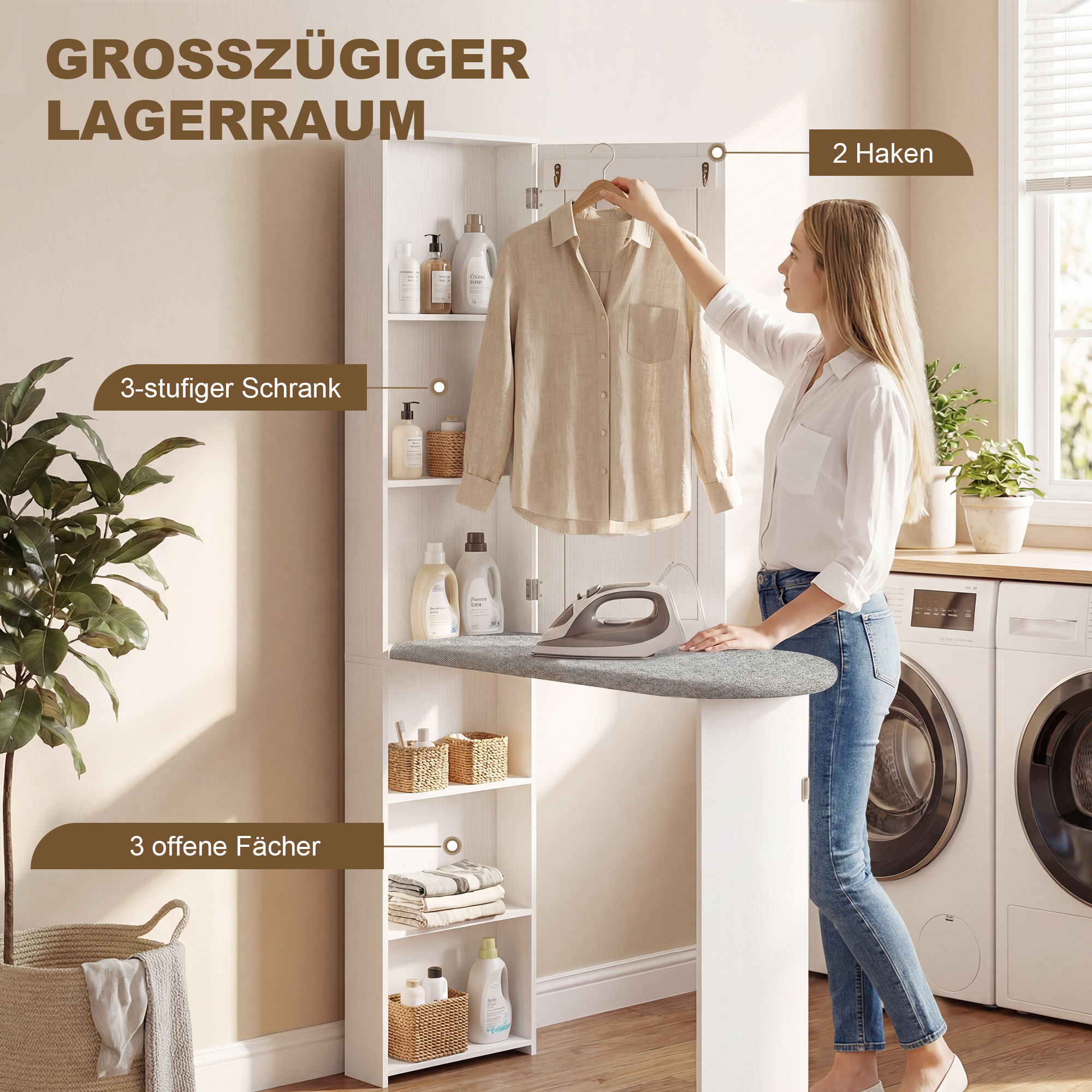 Bügelbrettschrank mit Tür internen Regalen Spiegel Platzsparend Bügeltisch für Wäschepflege 106x35x174 cm Weiß