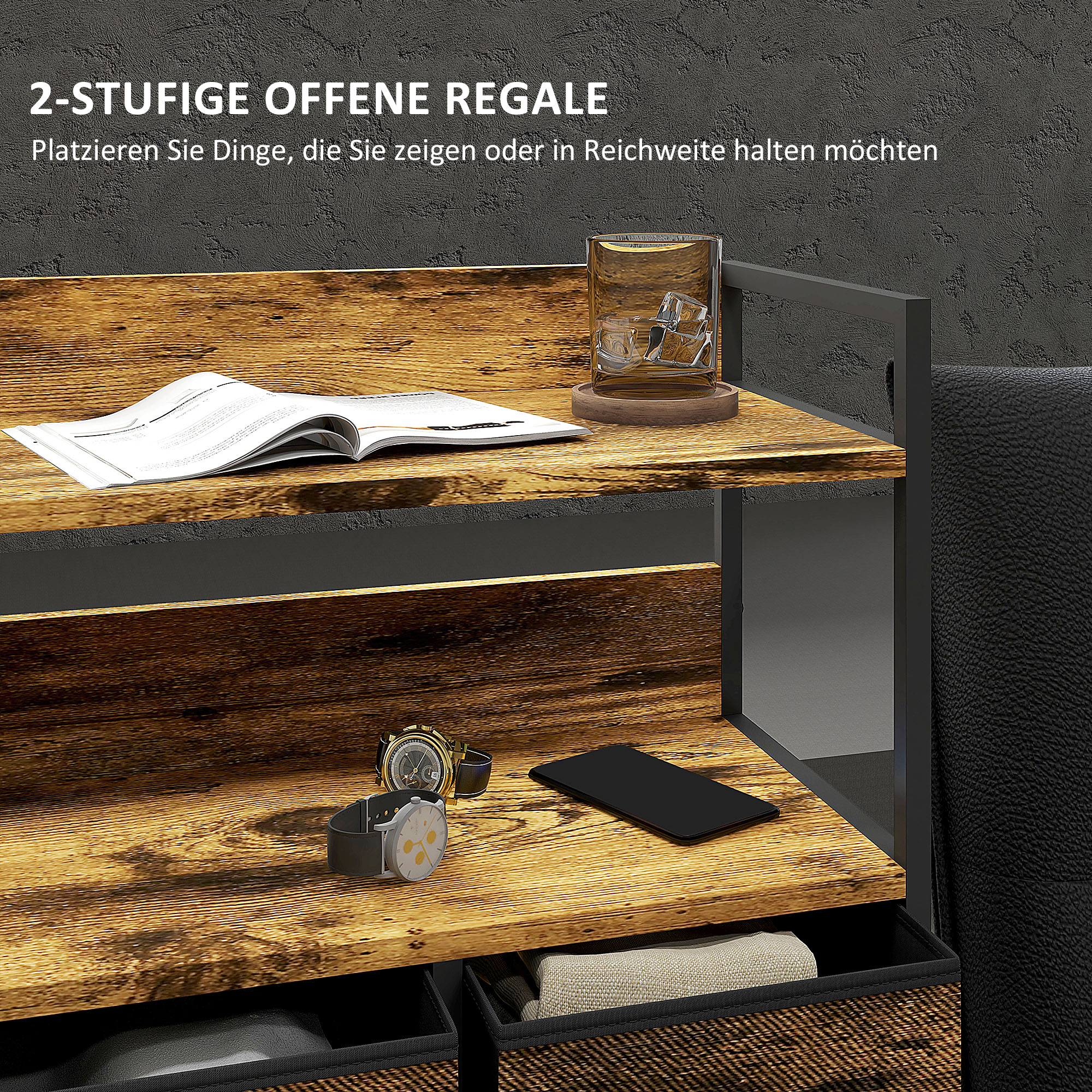 Stoff-Kommode, 7 faltbare Schubladen, 2 Regale, Stahlrahmen, Braun