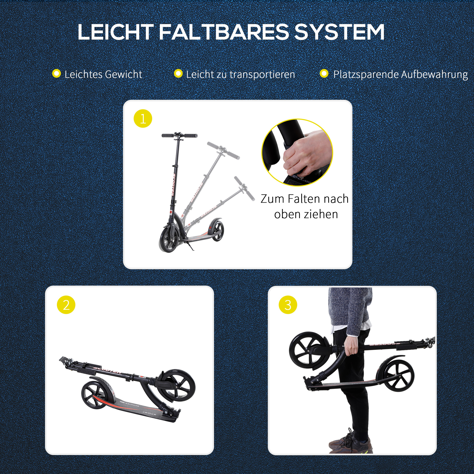 Roller Tretroller Kickscooter Klapproller, klappbar, Stoßdämpfer, ab 14 Jahren, Schwarz