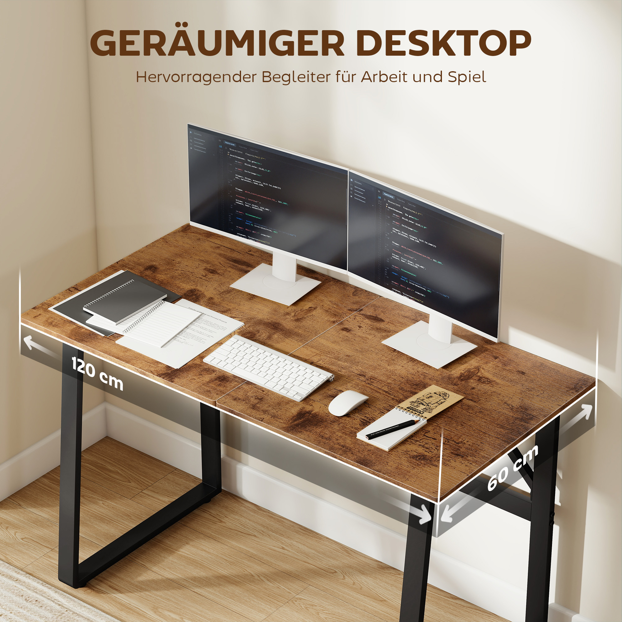 Schreibtisch Computertisch mit Stahlrahmen Bürotisch PC Tisch 120x60x76cm Rustikal-Braun+Schwarz