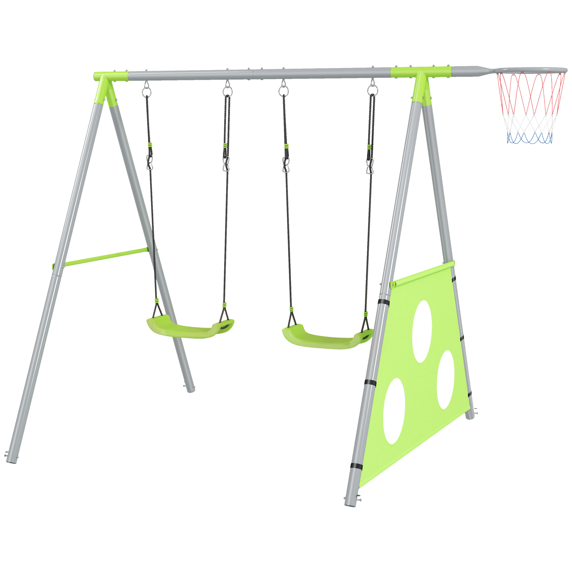 Schaukelset für Kinder, 2 Schaukelsitze, 1 Basketballkorb, 1 Fußballtor, Metallrahmen, Grün Schaukelset für Kinder, 2 Schaukelsitze, 1 Basketballkorb, 1 Fußballtor, Metallrahmen, Grün
