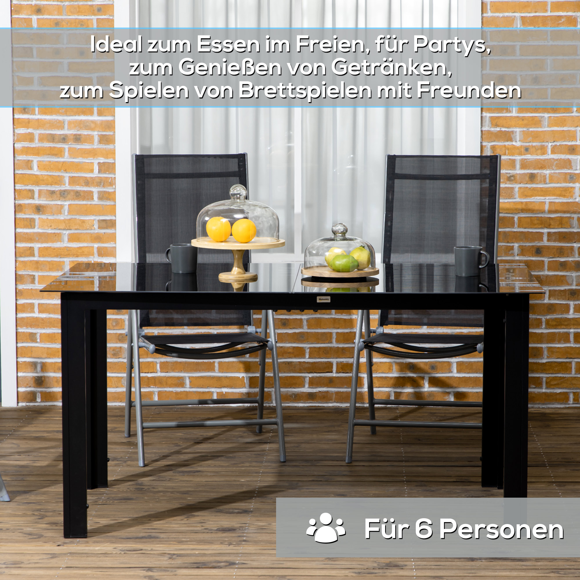Gartentisch für 6 Personen, wetterbeständig, gehärtetes Glas, Terrassentisch, 150 cm x 90 cm x 74 cm, Schwarz