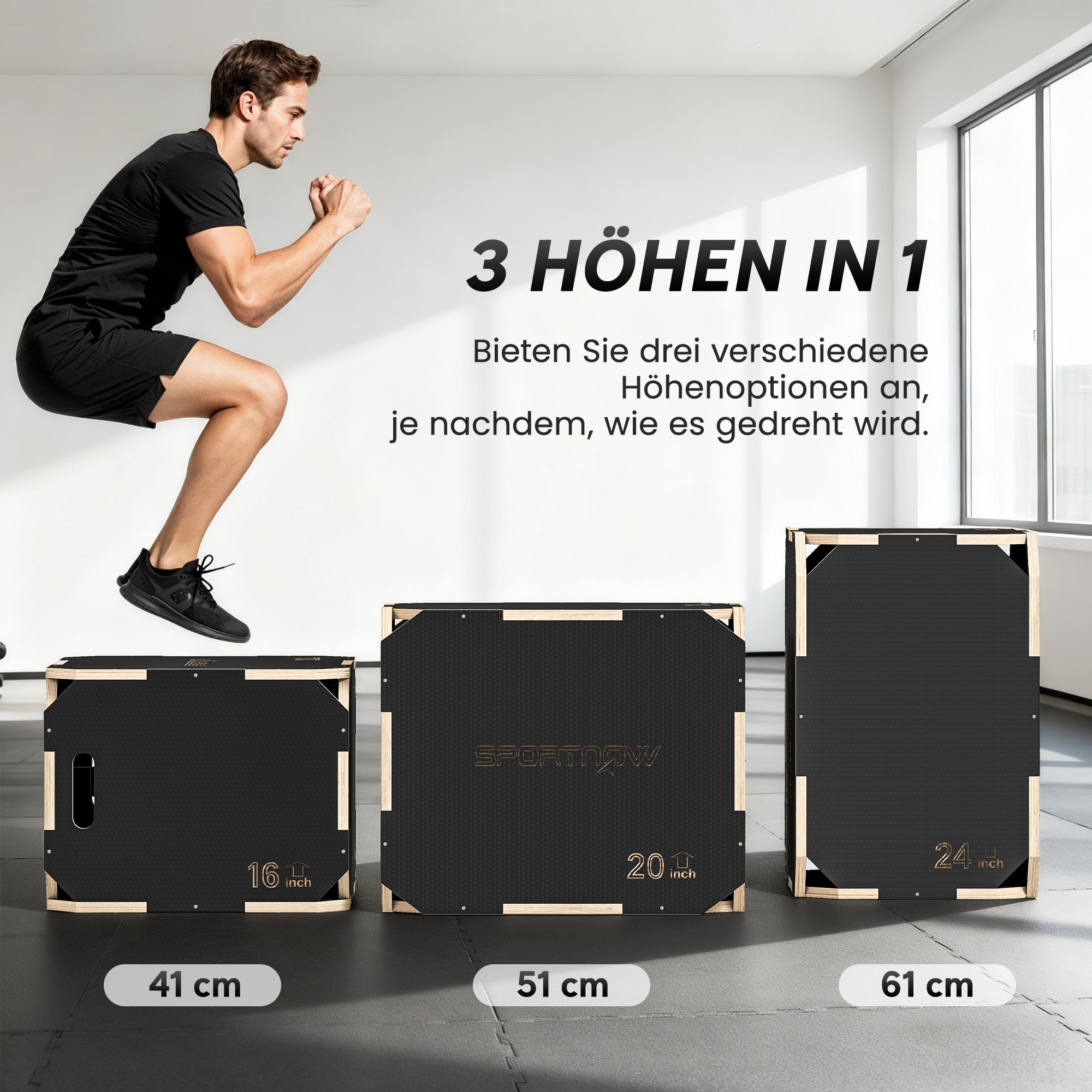 3-in-1 Plyo-Box, Sprungbox mit Griff-Öffnungen, für Home-Fitness und Outdoor-Workouts, 3 Sprunghöhen, Holz, Schwarz