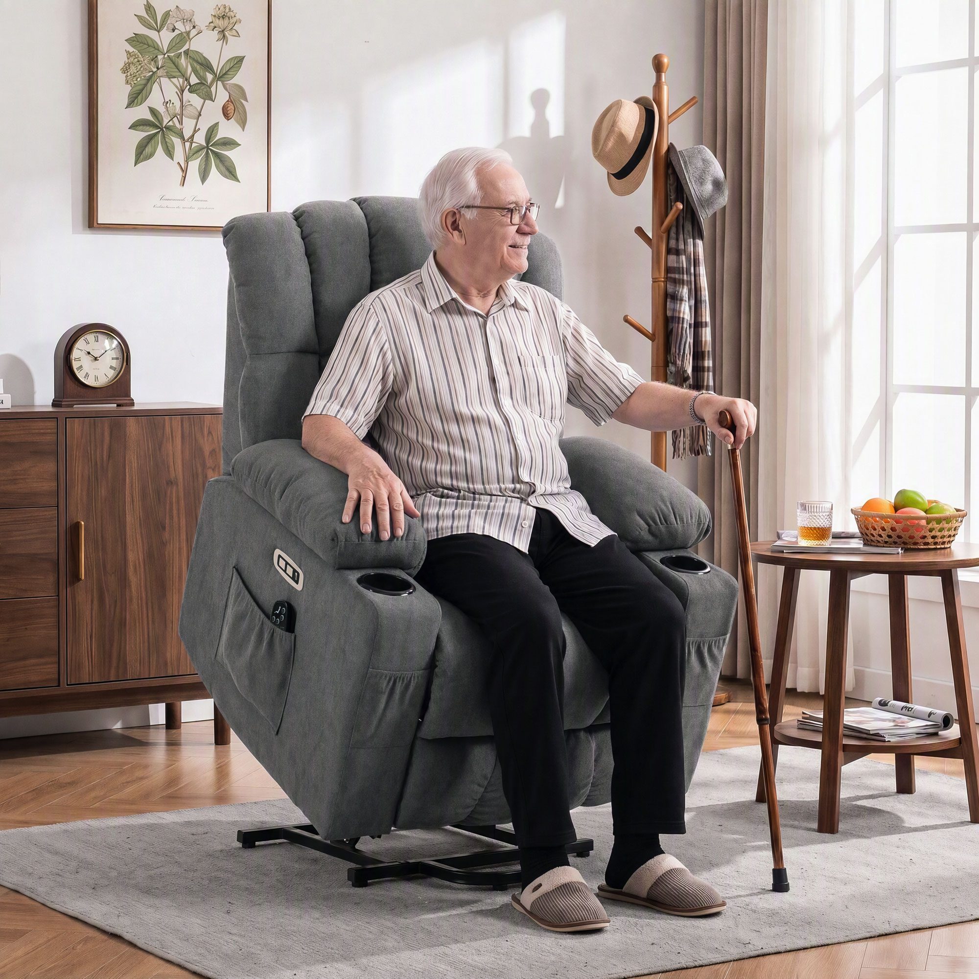 elektrischer Aufstehsessel mit Massage & Wärme, Relaxsessel für Senioren, Taschenfederkern, Grau