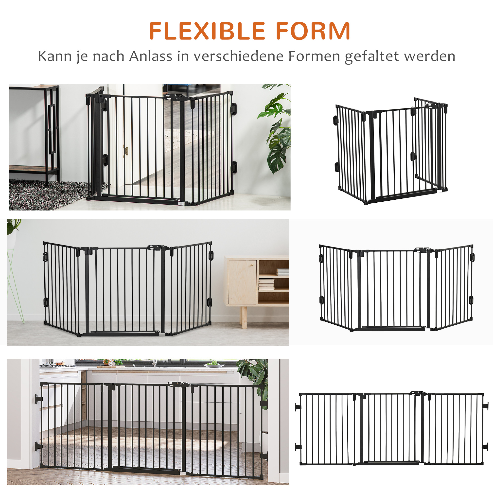 Absperrgitter Hund Freistehendes Verstellbares Schutzgitter 202,5 x 76 cm Hundegitter Klappbar Türschutzgitter Hundeabsperrgitter für Treppen, Türen, Küche, Flur, 3 Paneelen, Schwarz