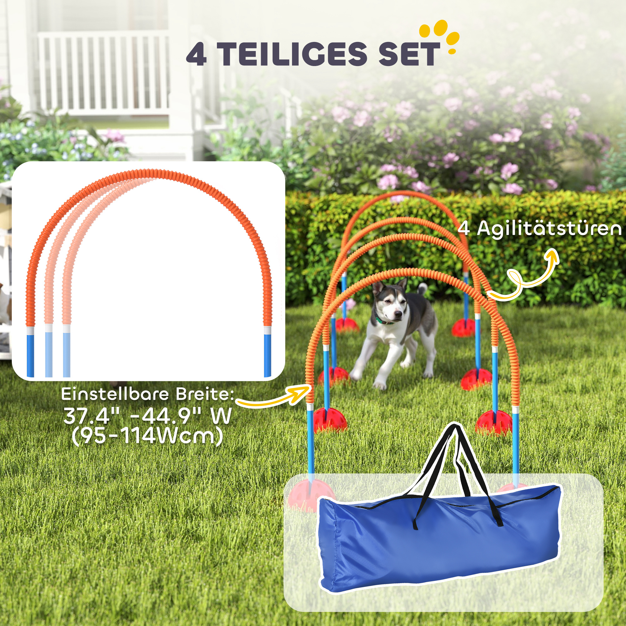 4-teiliges Hunde-Agility-Trainingsgerät mit 4 Türen in verstellbarer Breite, Tragetasche, für Garten, Blau