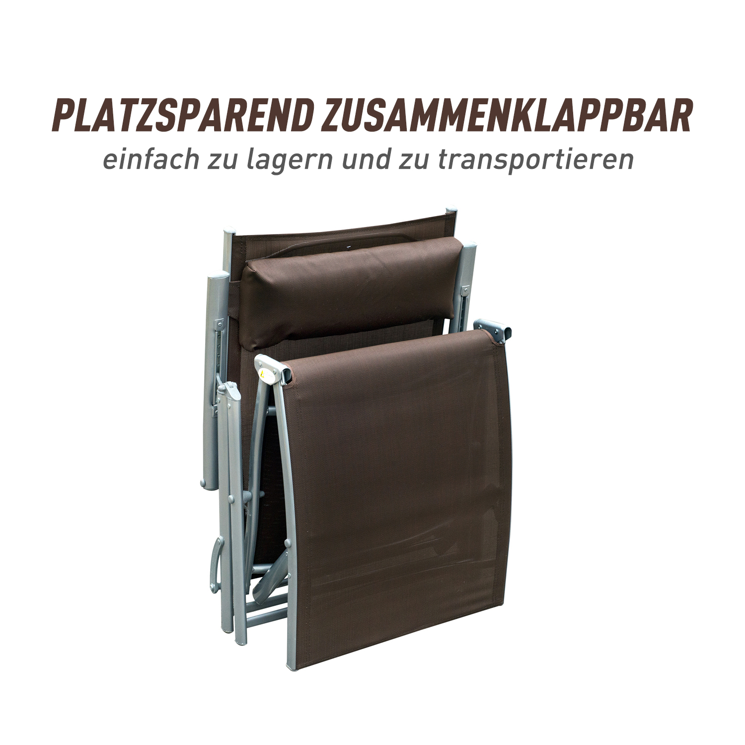 Sonnenliege klappbar Strandliege mit Kissen Liegestuhl mit 7-Fach verstellbare Rückenlehne Gartenliege Relaxliege Gartenstuhl bis 165 kg belastbar, für Garten Urlaub Outdoor, Braun