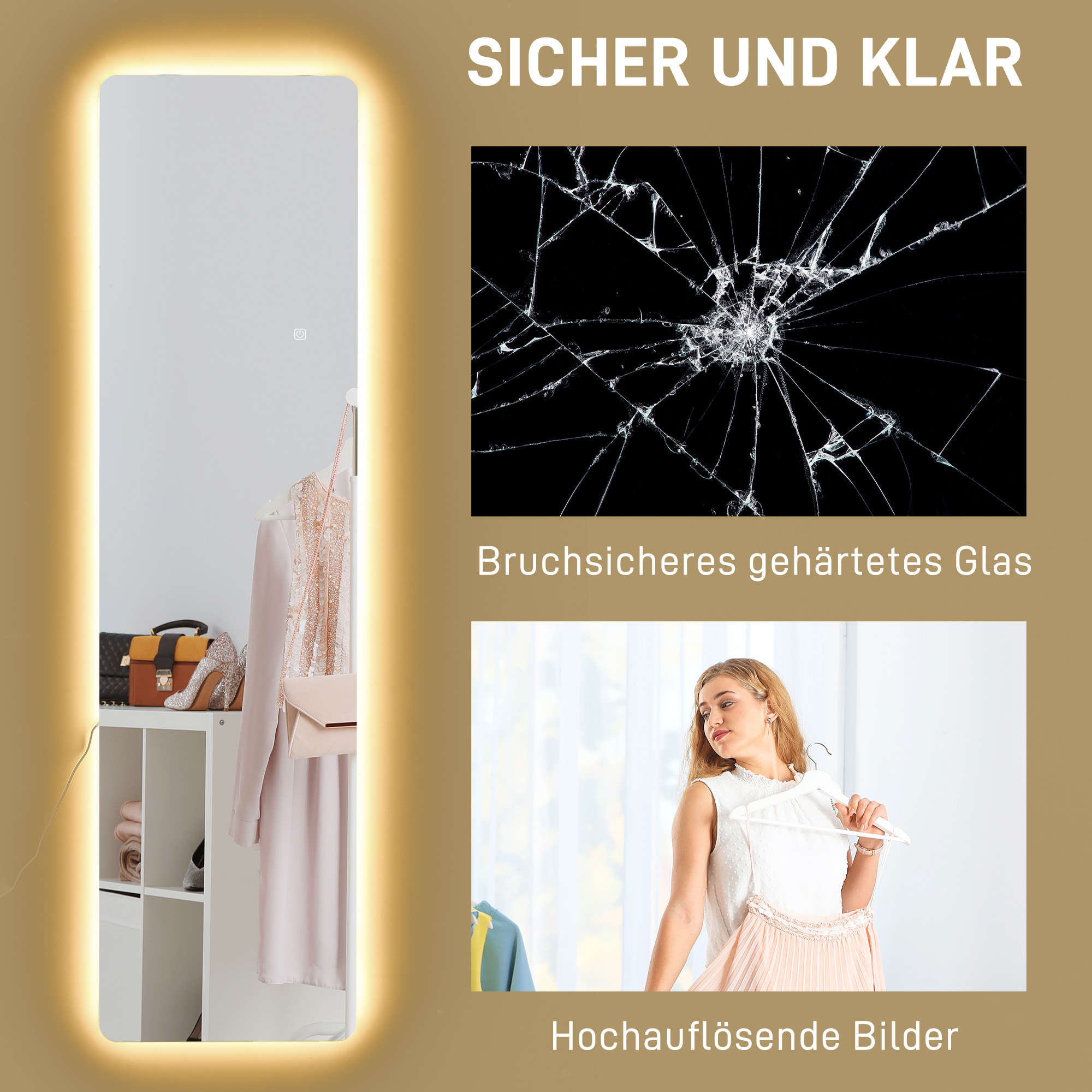 LED Ganzkörperspiegel, Touch-Steuerung, dimmbar, rahmenlos, 40 x 150 cm