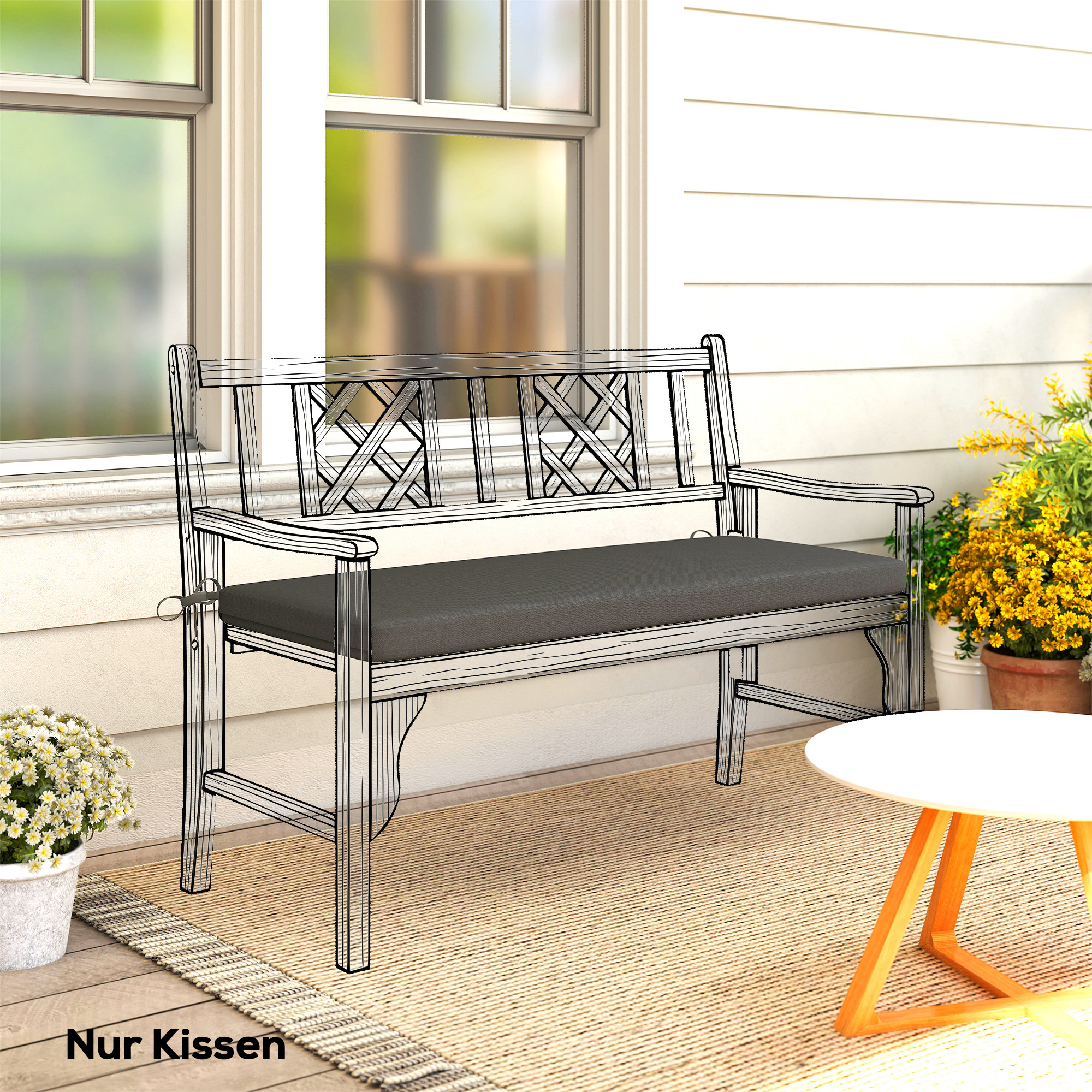 wasserabweisendes Bankkissen, Outdoor-Sitzpolster mit abnehmbarem Bezug und Befestigungsbändern für Garten und Terrasse, 110 x 46 cm, Dunkelgrau