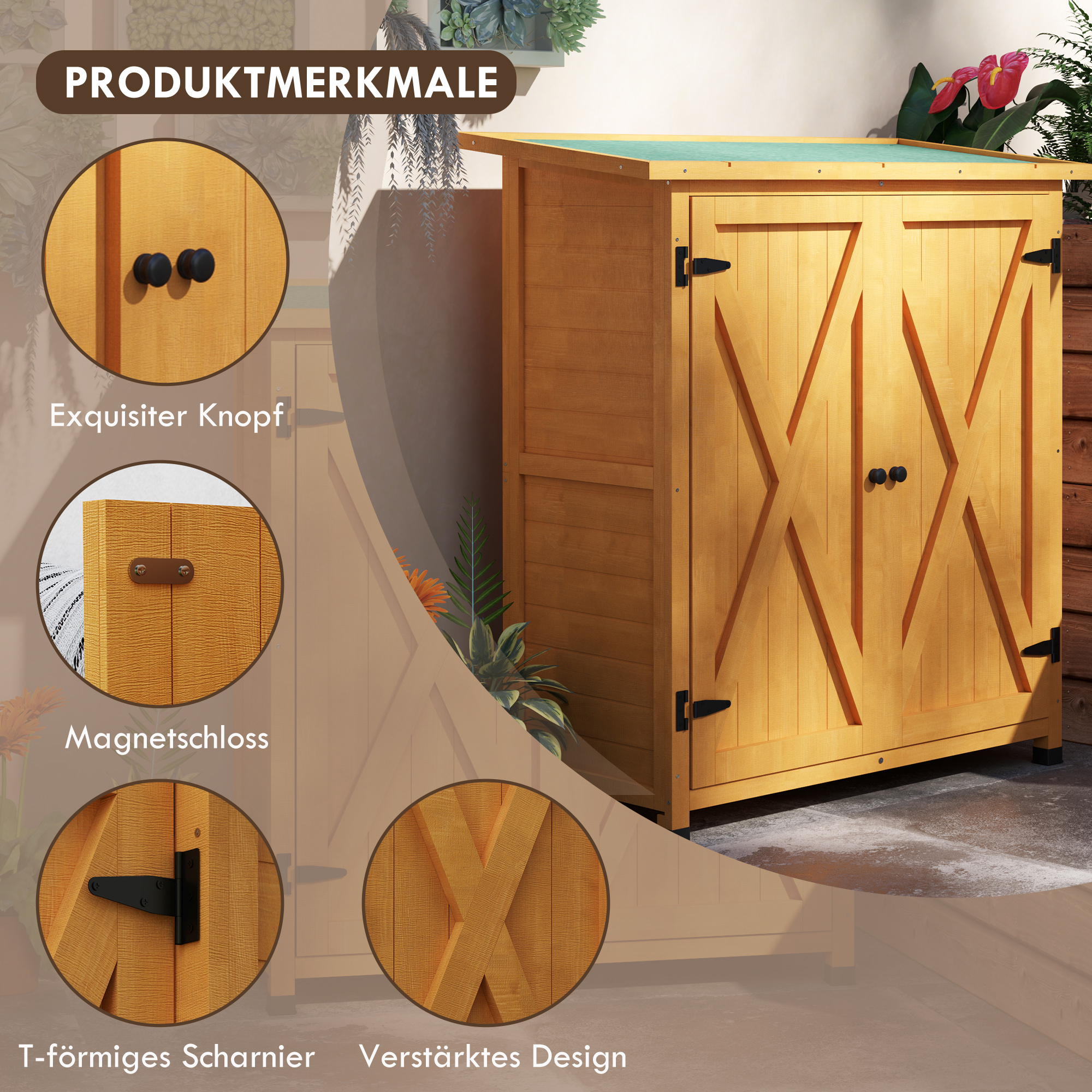 Gartenschrank, Geräteschuppen aus Holz, Wetterfest Geräteschrank mit 2 Türen Asphaltdach 110 x 55 x 117 cm, Gelb