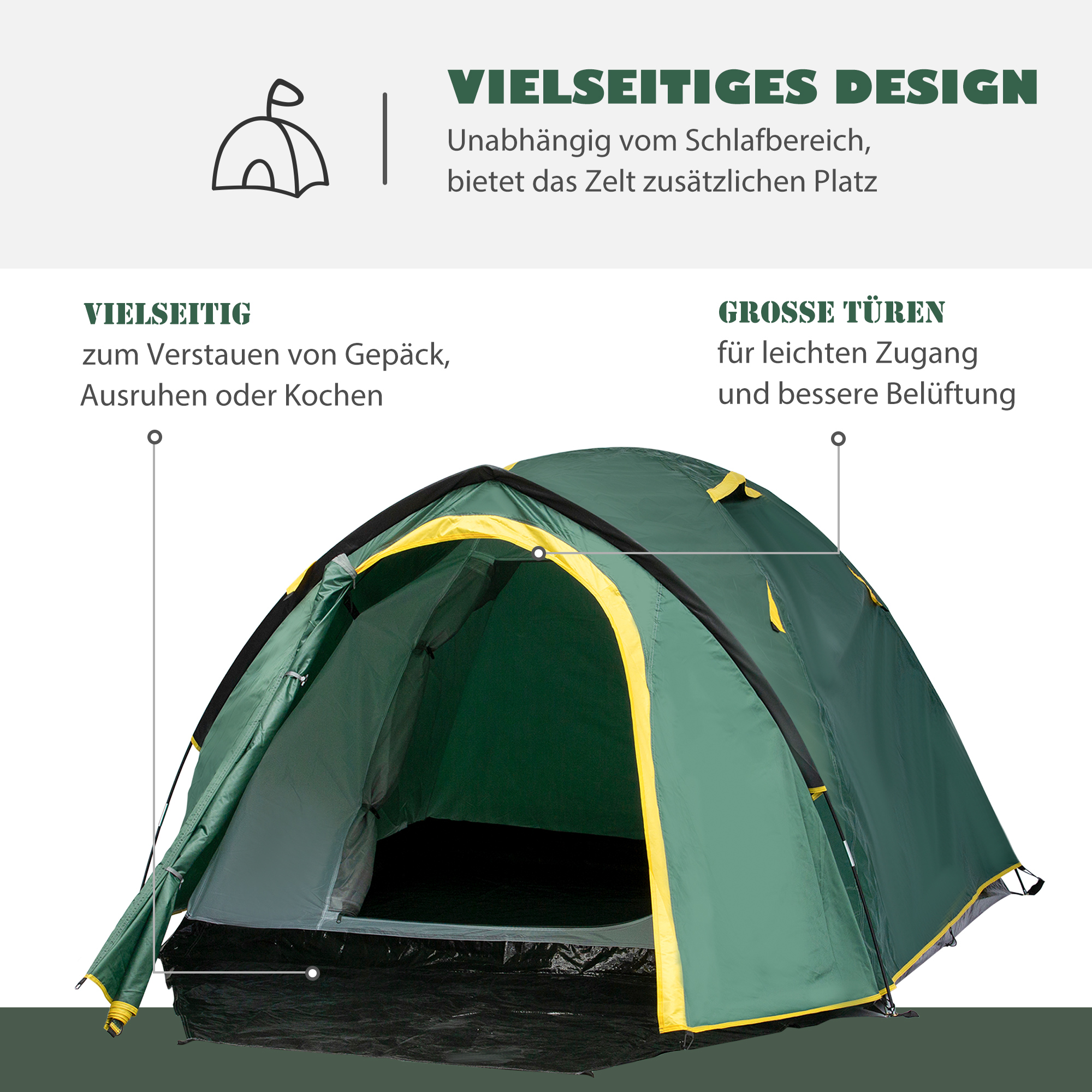 Zelt für 2 Personen 190T Campingzelt mit Heringen Kuppelzelt Glasfaser Polyester Grün+Gelb 325 x 183 x 130 cm