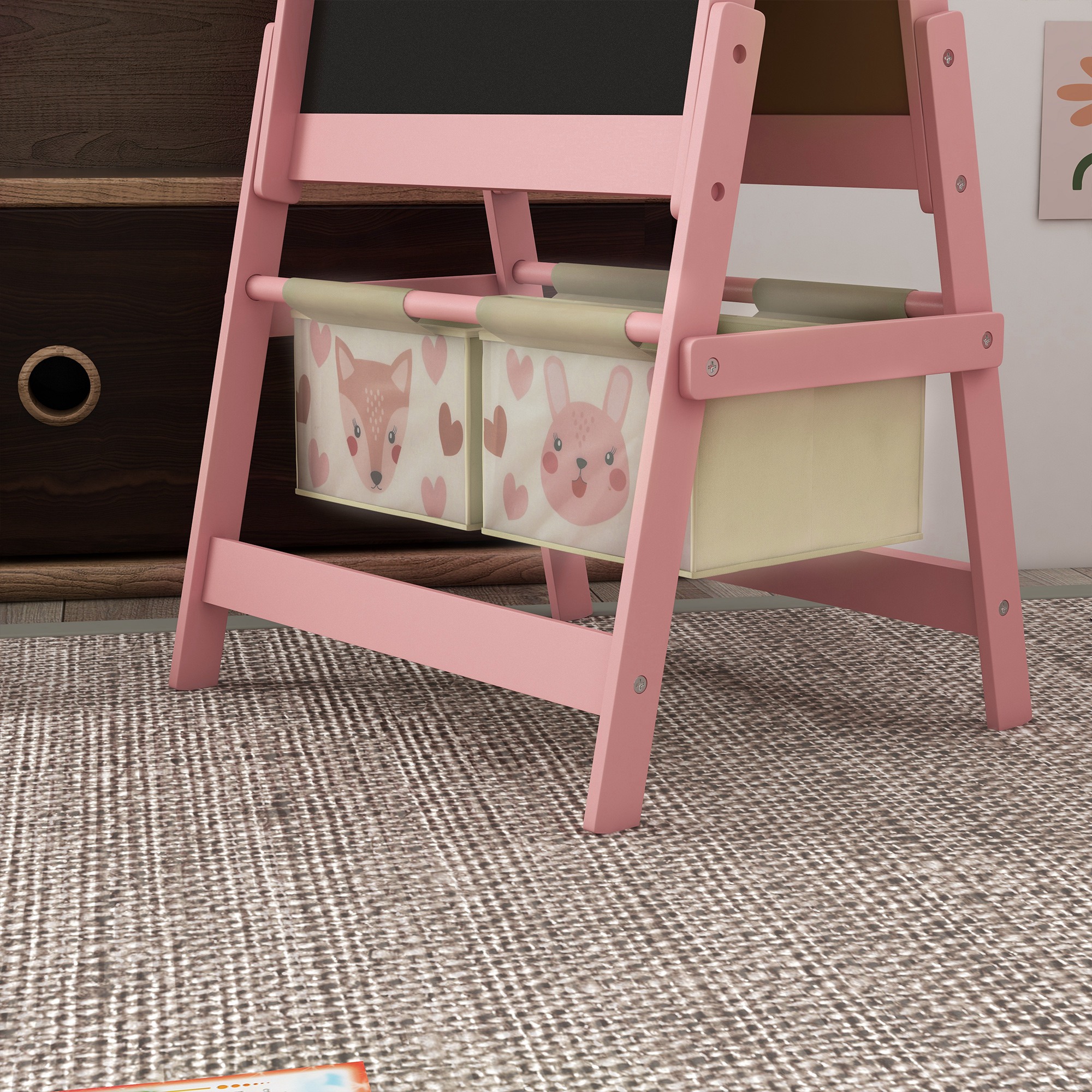 3-in-1 Kinder Staffelei mit Papierrolle, Kreidetafel, Whiteboard, Aufbewahrungskörbe, 54 x 46,5 x 93 cm, rosa