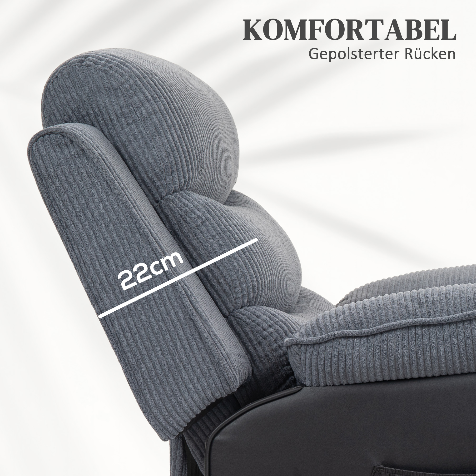 Aufstehsessel mit weichem Cordbezug, Recliner-Sessel mit Fernbedienung und Seitentaschen, Dunkelgrau