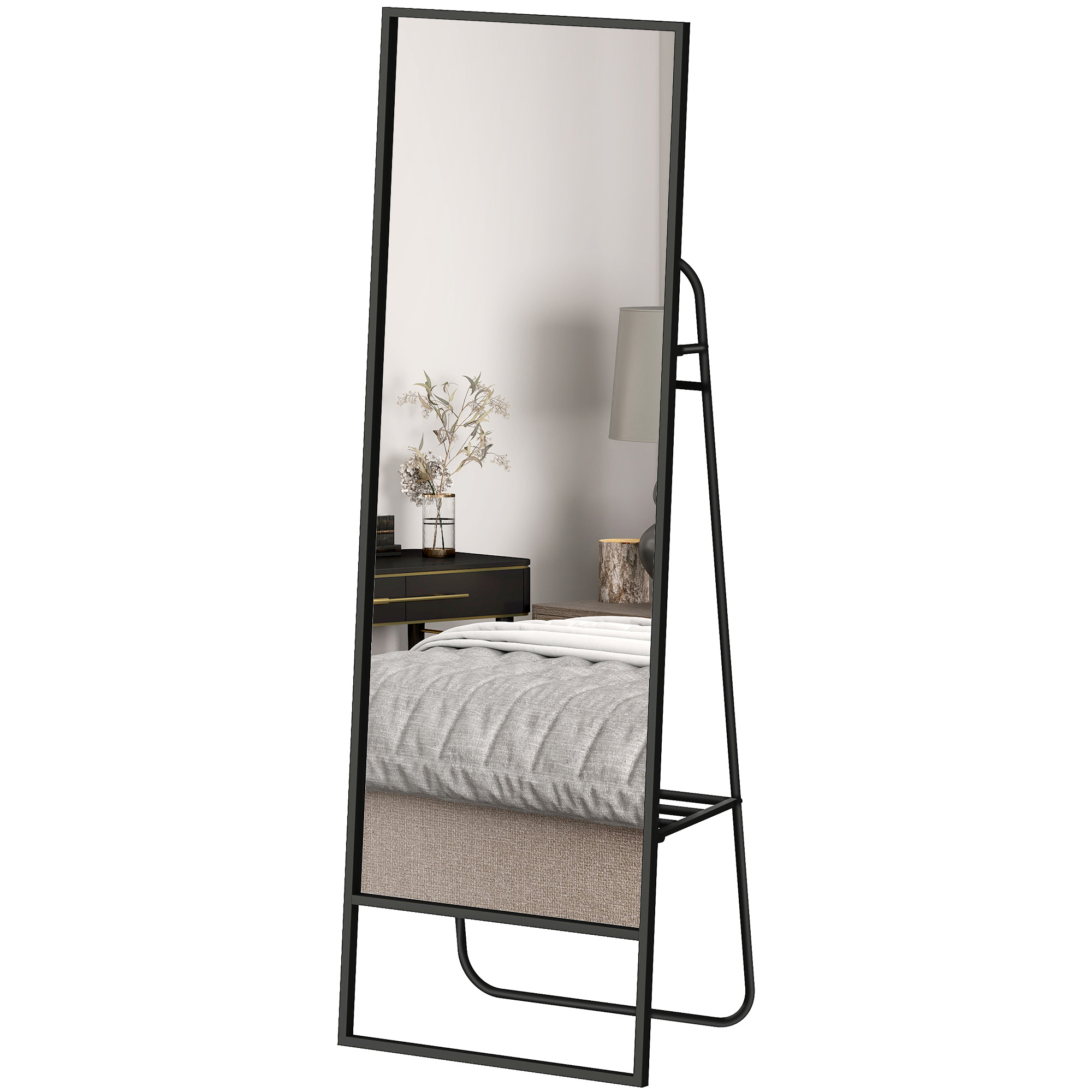 Ganzkörperspiegel, industrielles Design, hinteres Regal, 2 Haken, Metallrahmen, für Schlafzimmer, 157 x 50 cm, Schwarz