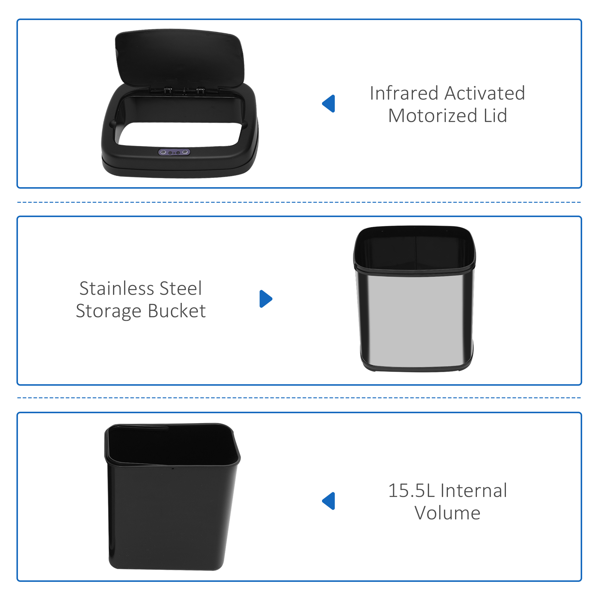 Sensor Mülleimer 20L Edelstahl Automatischer Mülleimer mit Bewegungssensor, Inneneimer 33 x 25 x 42,5 cm Silber+Schwarz
