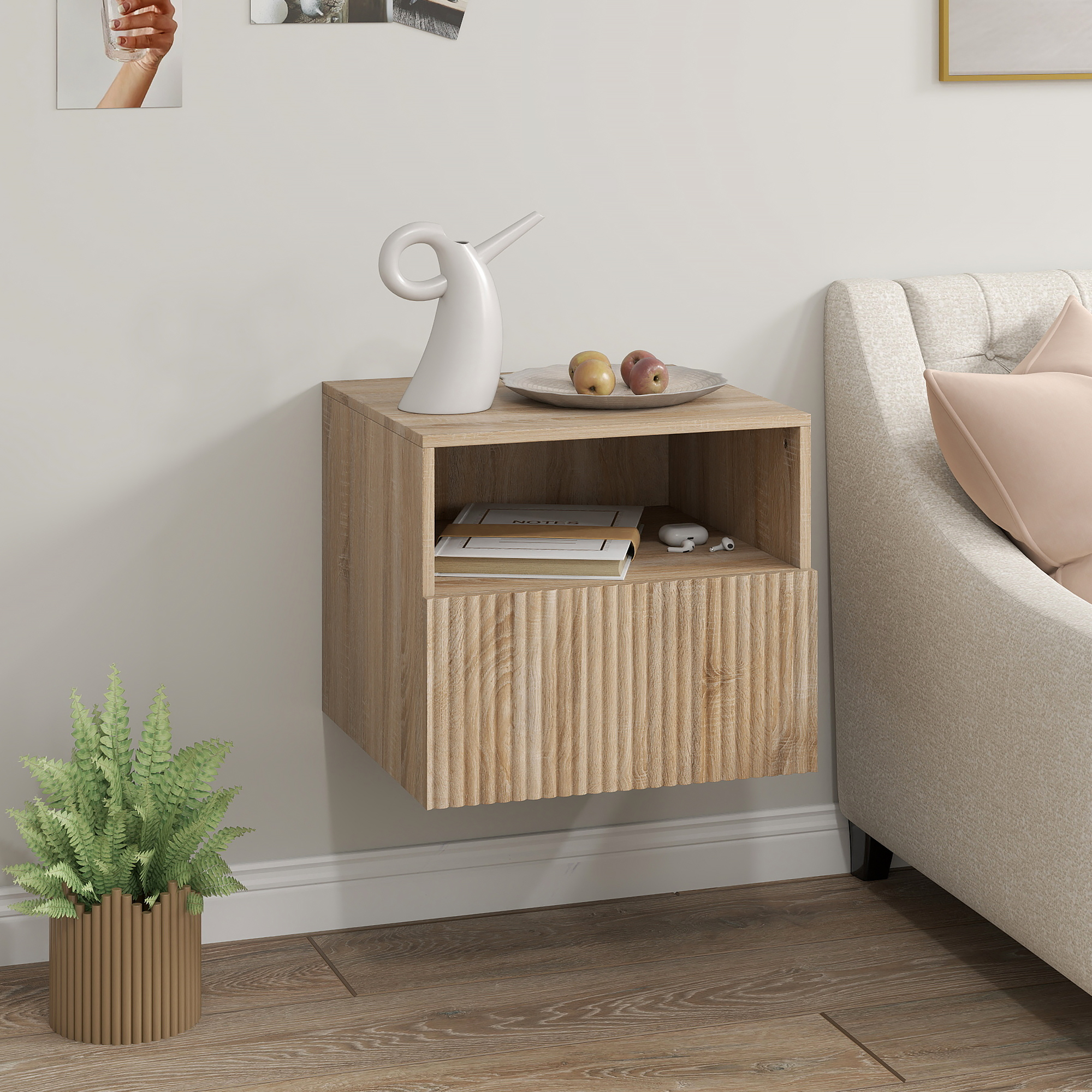 Nachttisch, griffloses Design, offenes Fach, Schublade, Wandmontage, Hellbraun