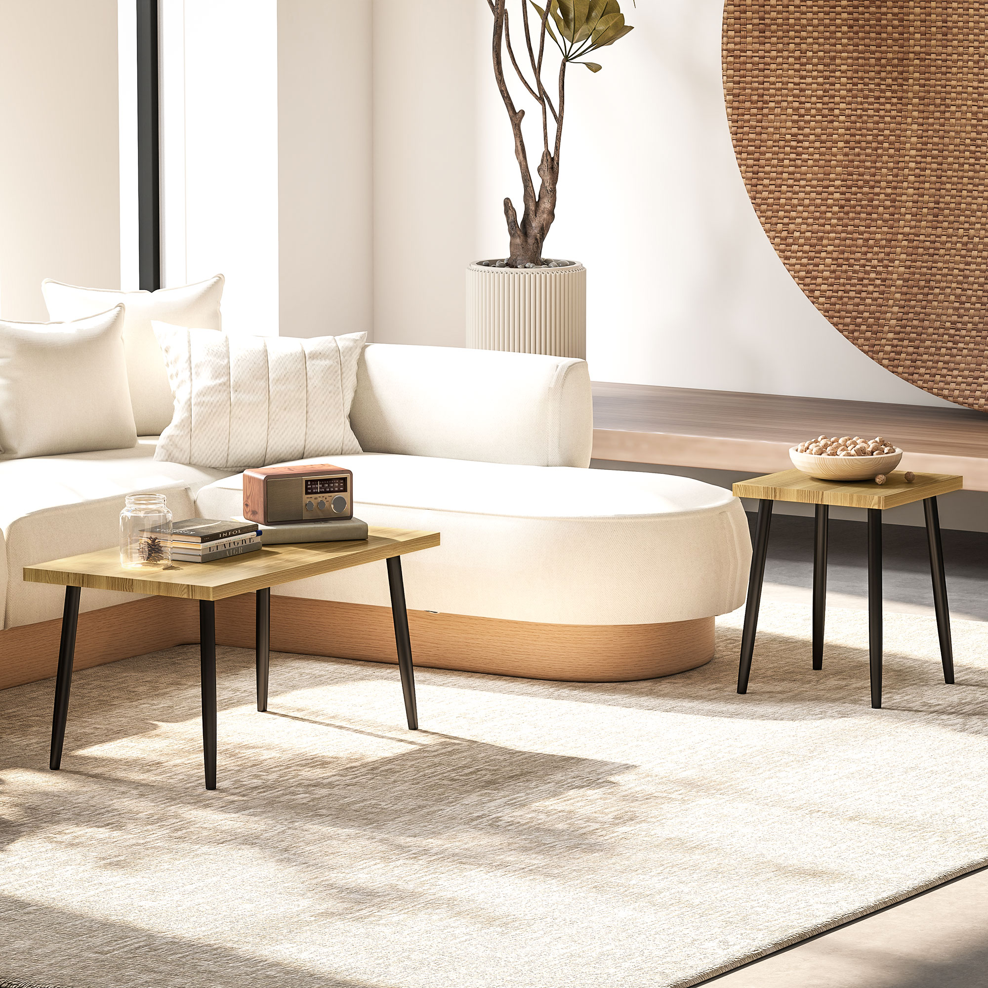 2er-Set Kaffeetische, Großer und kleiner Tisch mit Metallrahmen und Holzplatte, Flexible Couchtische, Naturholz