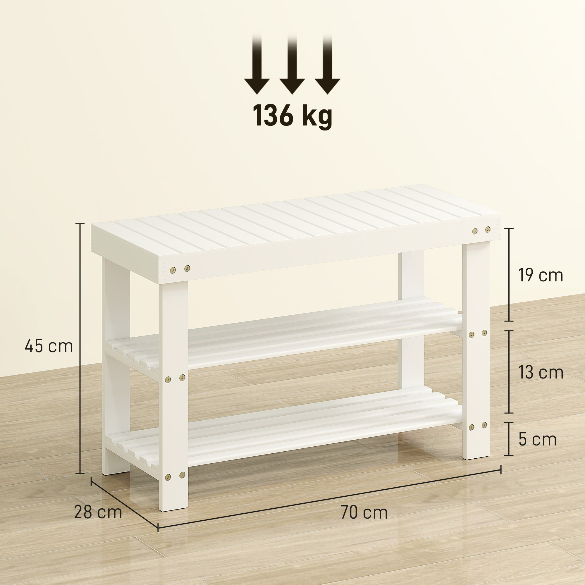 Schuhbank Bambus mit 2 Ablagen, Sitzbank mit Stauraum, für Flur, 70x28x45 cm, Weiß