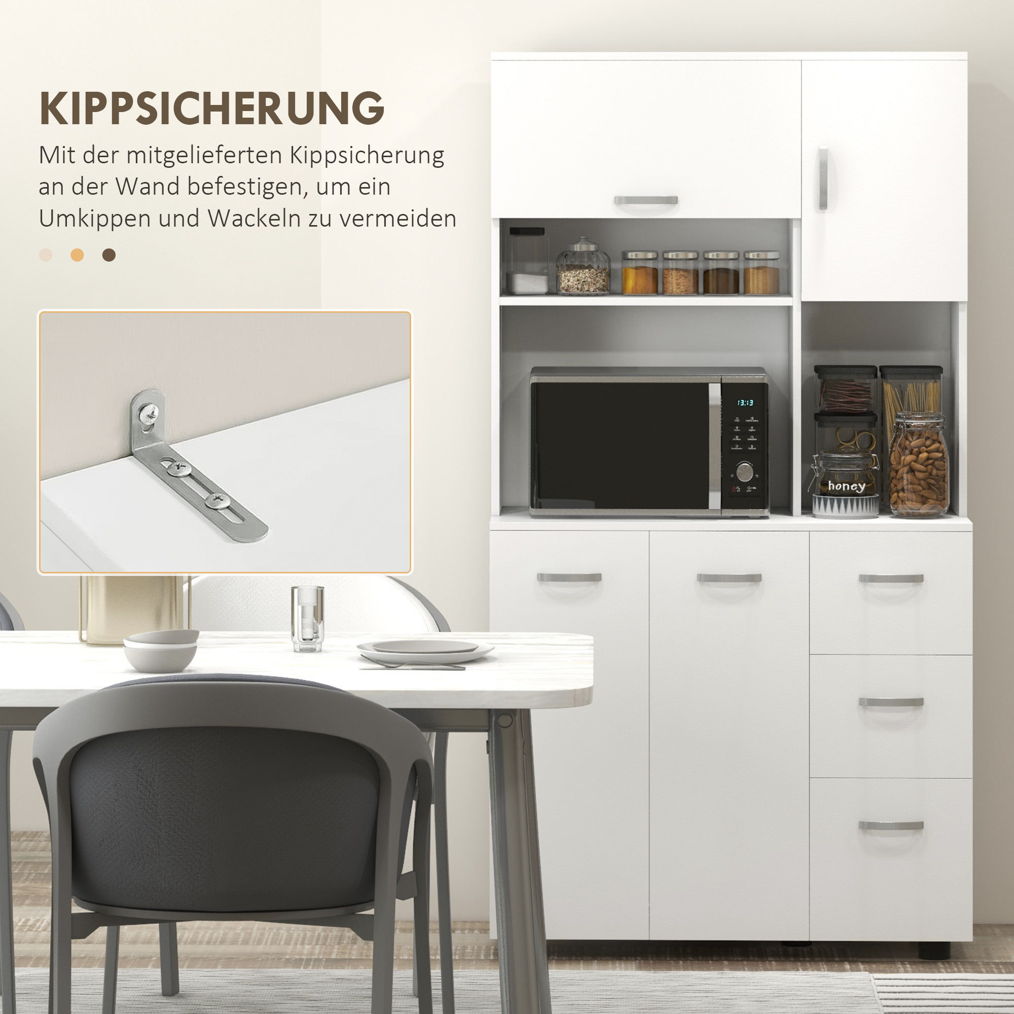 Küchenschrank, Buffet, 3 Schubladen, 3 Regale, viel Stauraum, 89x39,5x168cm, Weiß