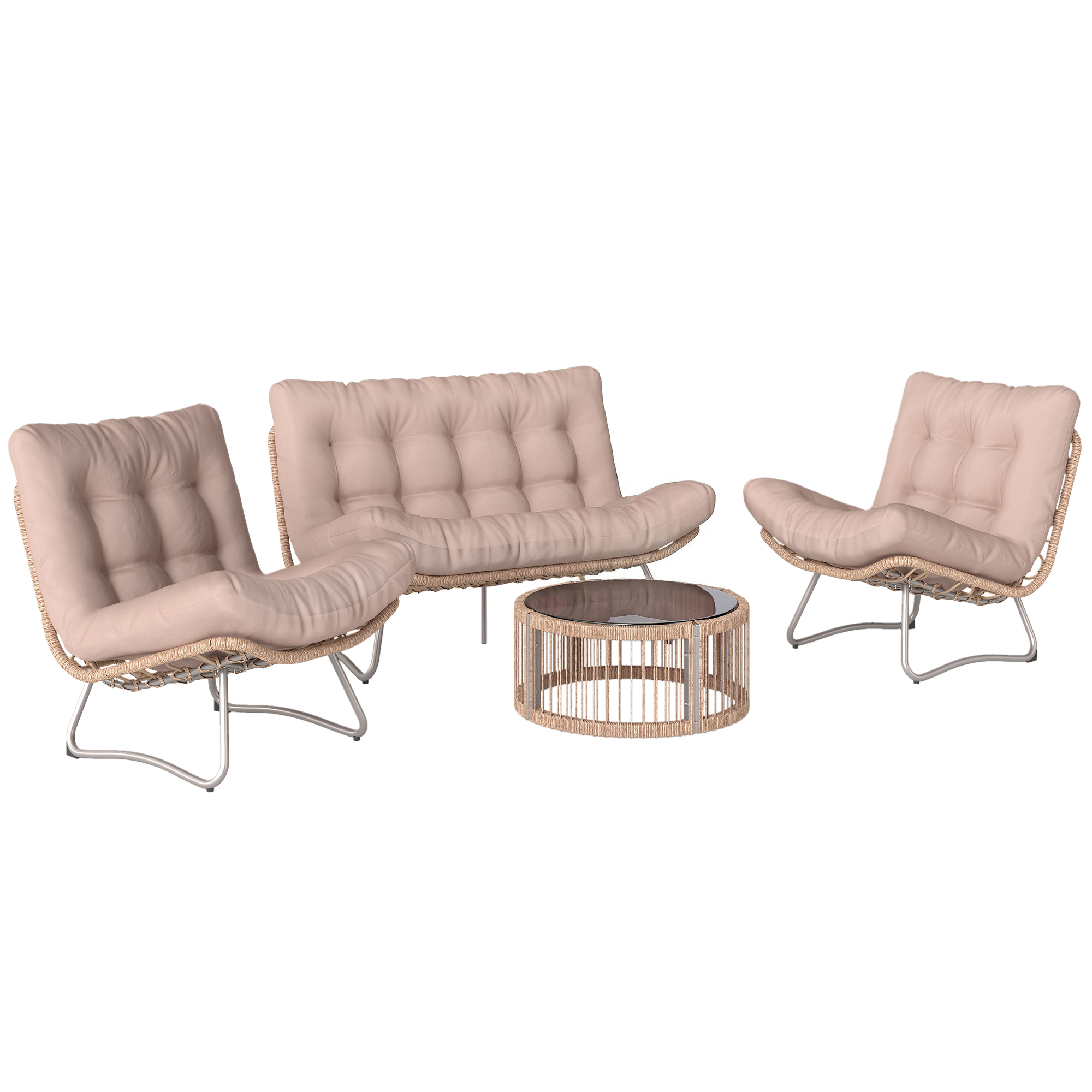Gartenmöbel Set 4-teilig Polyrattan Lounge-Set mit Zweisitzer 2 Sessel Glastisch Breitem & Tiefem Sitz Dicke Kissen