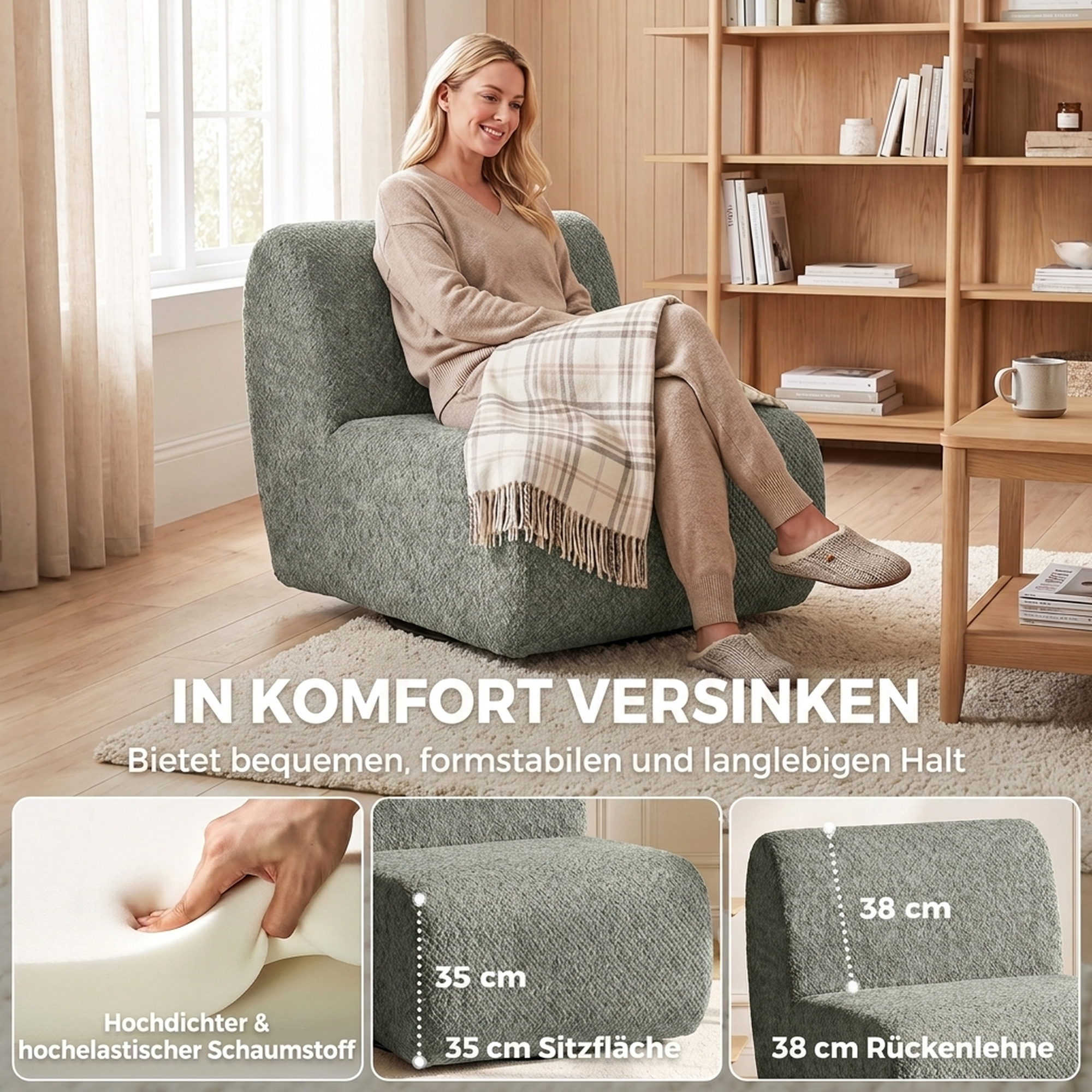 Sessel Drehbarer Loungesessel mit Chenille-Optik, Breiter Sitzfläche, für Wohnzimmer, Schlafzimmer, Grau