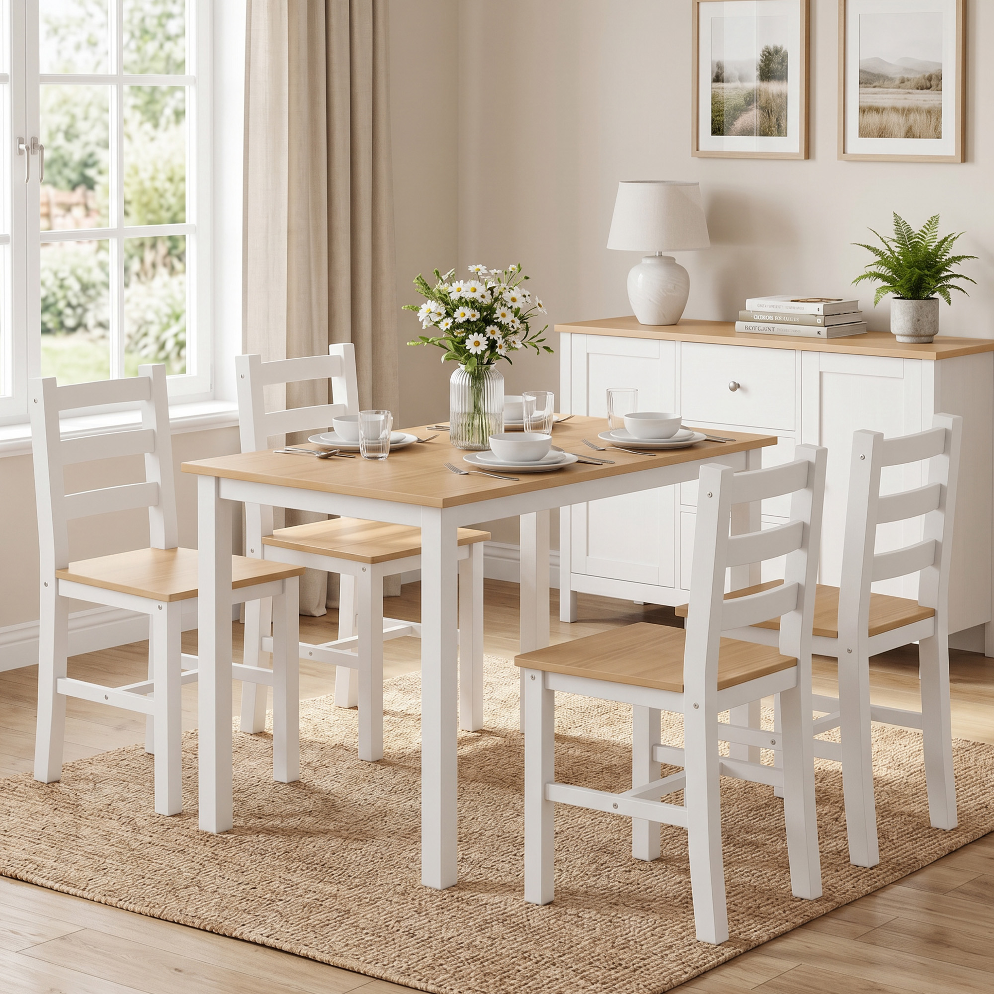 5-teiliges Essgruppe für 4 Personen, Landhaus-Esstisch und Stühle aus Massivholz, Natur/Weiß