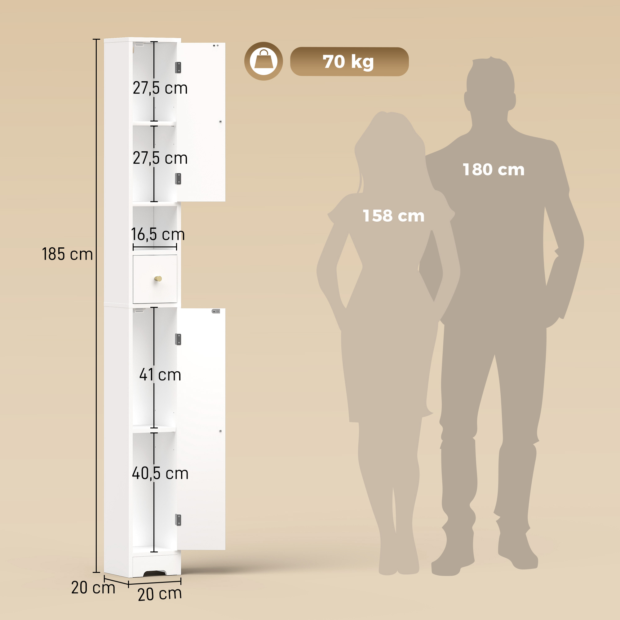 Badezimmerschrank schmaler Badschrank mit Schublade gewölbten Türen offenem Fach verstellbare Ablage 20x20x185 cm Weiß