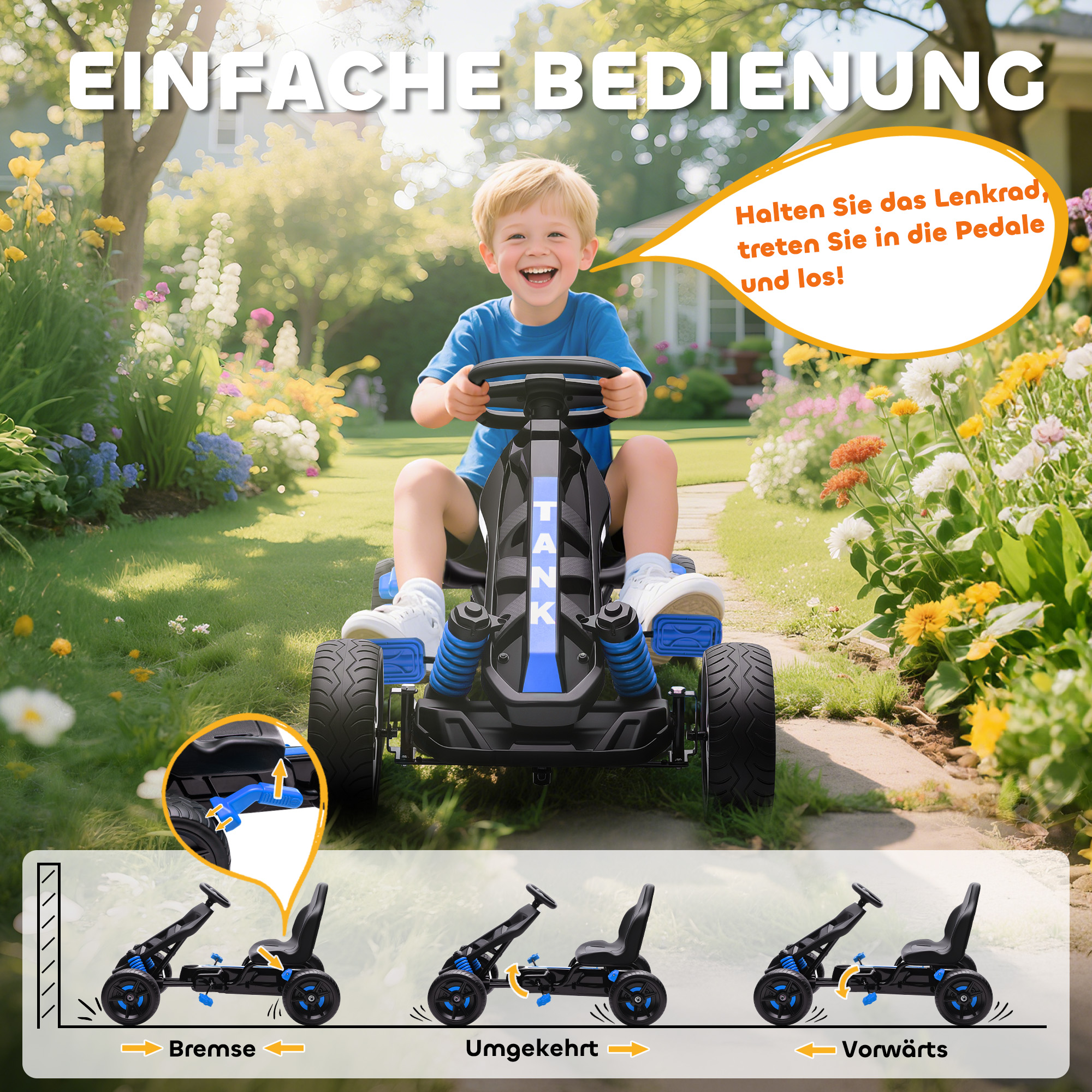 Gokart mit Pedalen, Tretauto für Kinder mit Bremse, rutschfeste Räder, Metallrahmen, 3-6 Jahre, Blau