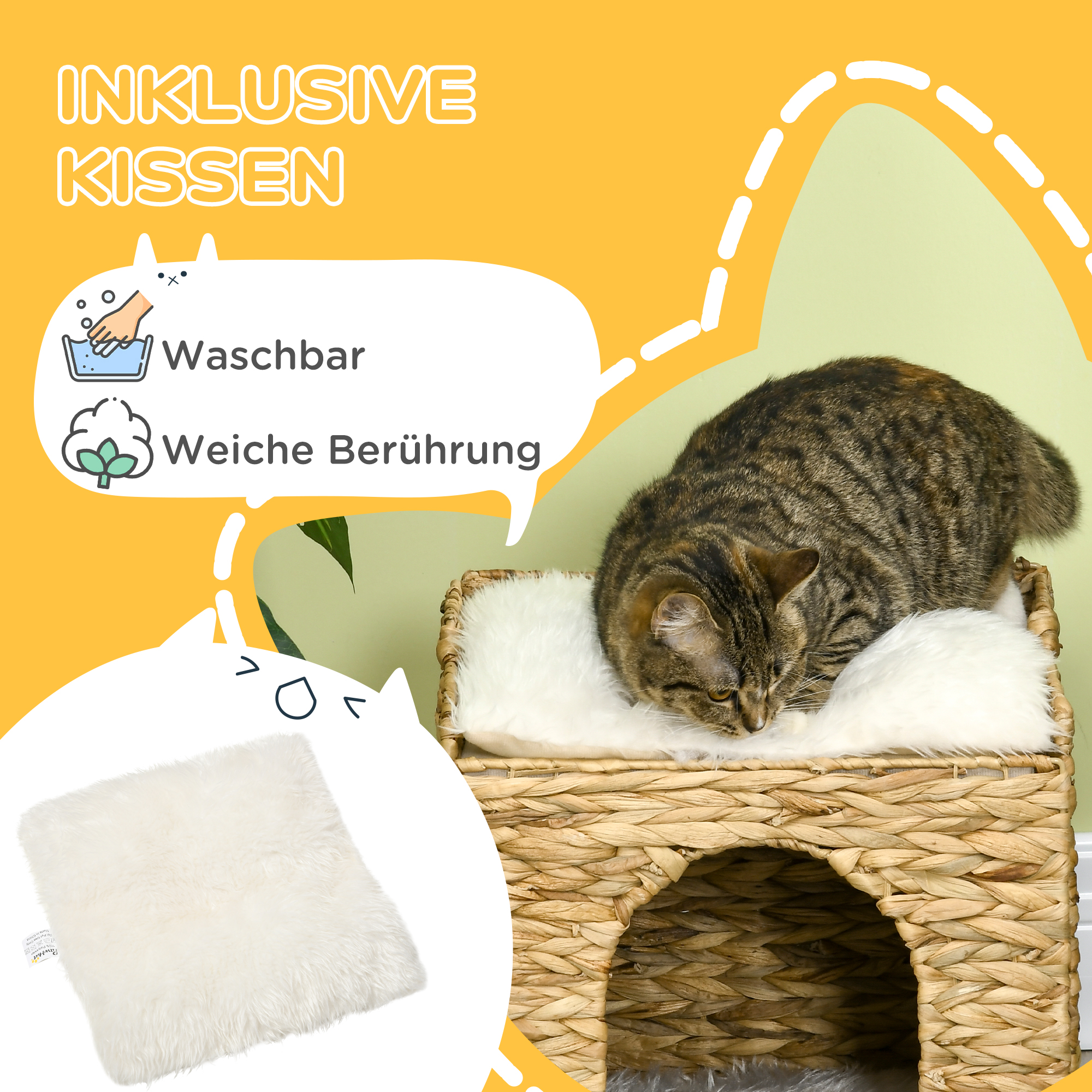 Katzenhöhle aus Wasserhyazinthen-Gras, 2 Liegefläche, 2 waschbare Kissen, Natur + Weiß