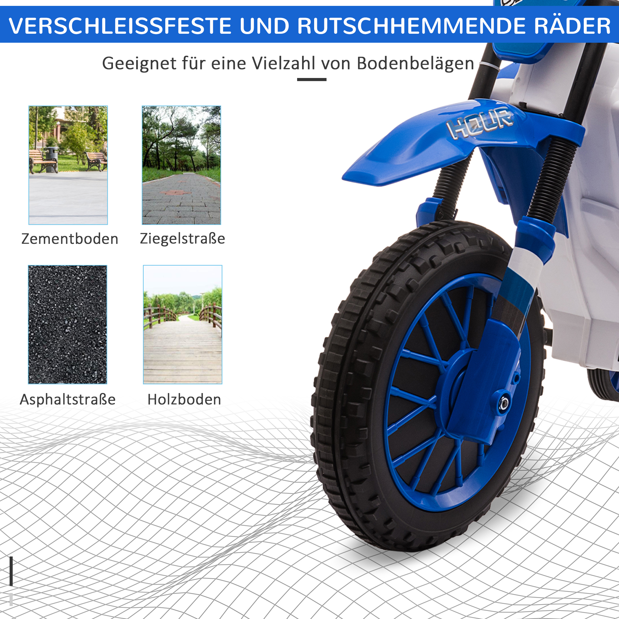 Kindermotorrad, Elektromotorrad, 45 Min Fahrzeit, mit Stützrädern, ab 3 Jahren, blau+weiß, 106,5 x 51,5 x 68cm