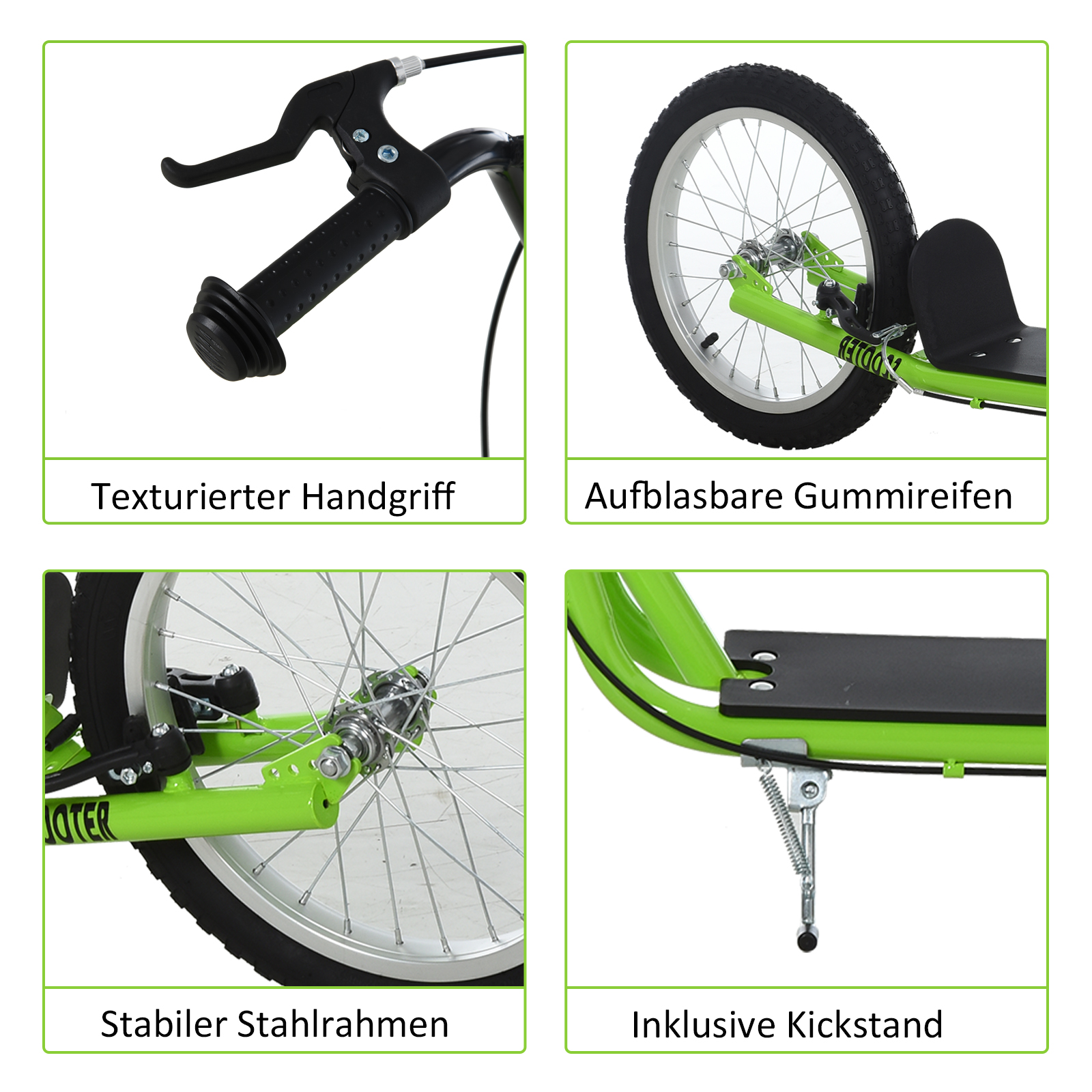 Kinderroller Scooter Tretroller Cityroller Kickscooter Roller Kinder Kickboard mit Luftreifen und Handbremse Scooter Kinder ab 5 Jahre 16 Zoll Grün 139 x 58 x 90-96 cm