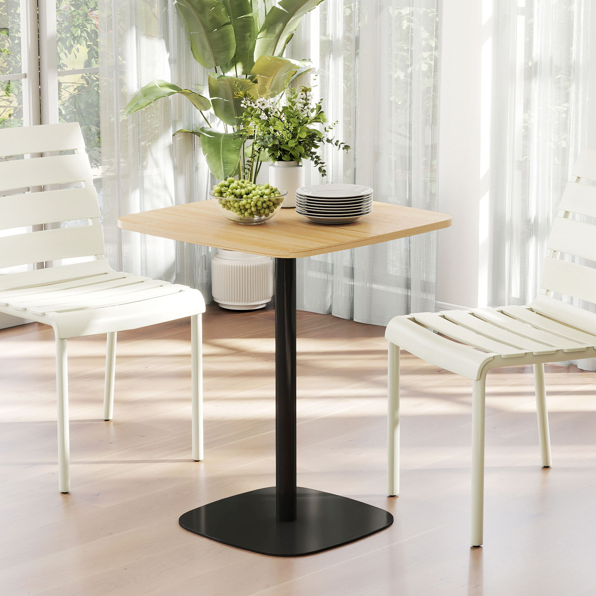 Kleiner Esstisch, 60 cm, quadratisch, MDF-Tischplatte, Stahlsockel, für Wohnzimmer, Esszimmer, Küche, Naturholz+Schwarz
