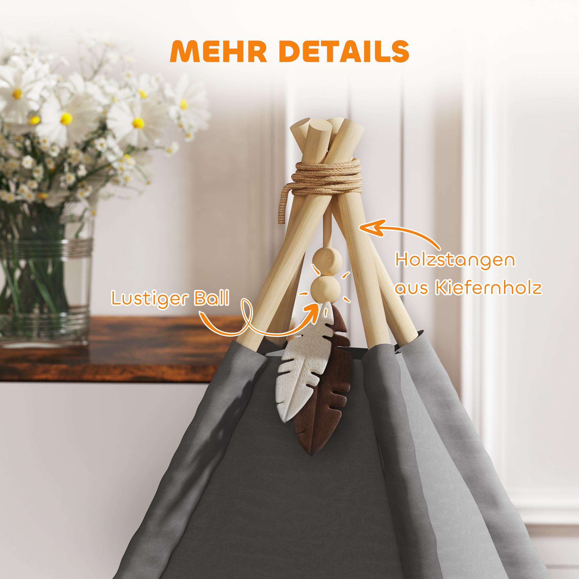 Tipi-Zelt für Haustiere, Tierbett im Tipi-Design, Katzenzelt mit Kissen, Hundebett zum Schlafen, Katzenbett, Grau