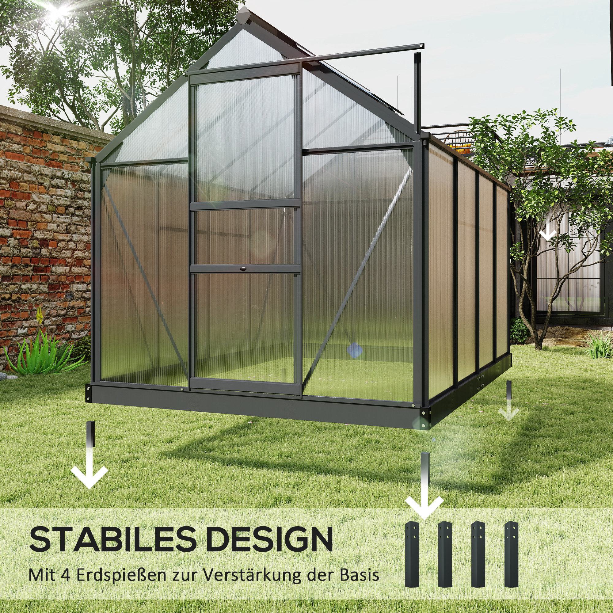 Gewächshaus, Treibhaus, mit Dachfenster, Schiebetür, transparent, Polycarbonat+Aluminium, 190 x 252 x 201cm
