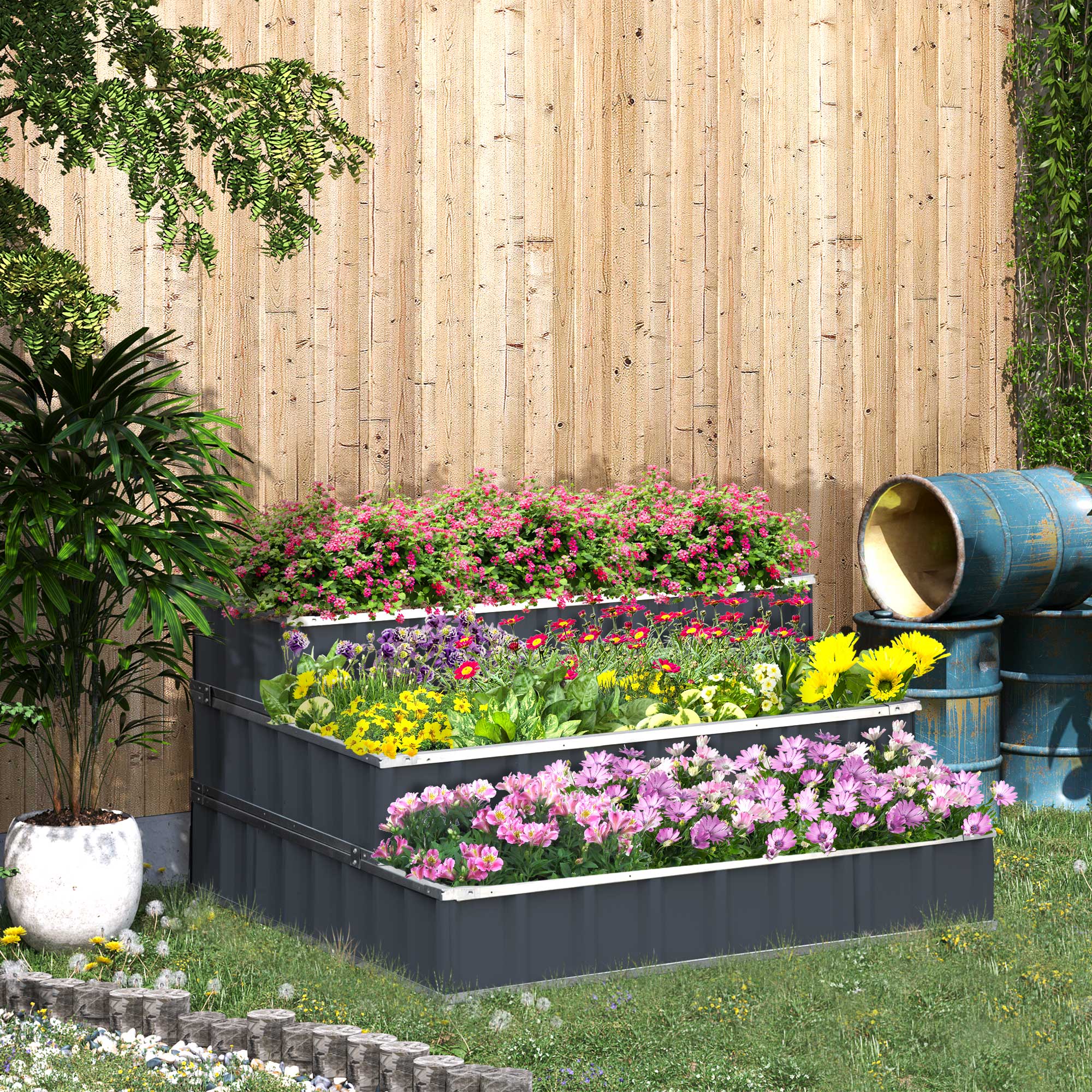 Hochbeet aus Stahl 3-stufige Gartenbeet mit T-Form-Pflanzenschilder Handschuhe Pflanzenbeet Kräuterbeet Blumentreppe für Balkon Garten Dunkelgrau 118 x 118 x 62 cm