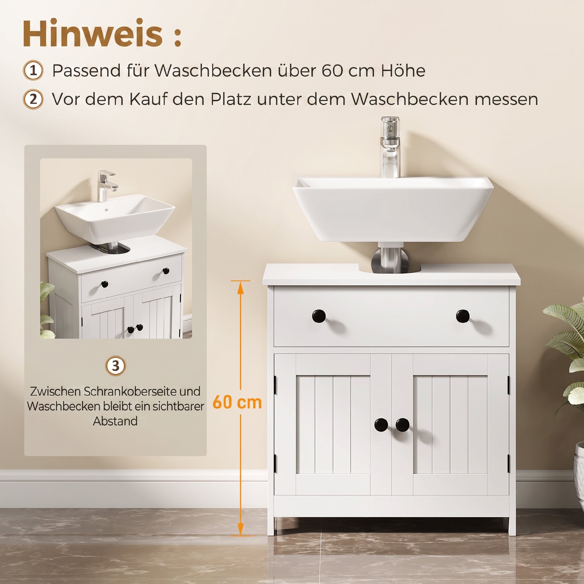 Waschbeckenunterschrank, modern und freistehend, mit Soft-Close-Scharnieren, Schublade und 2 Türen, Weiß