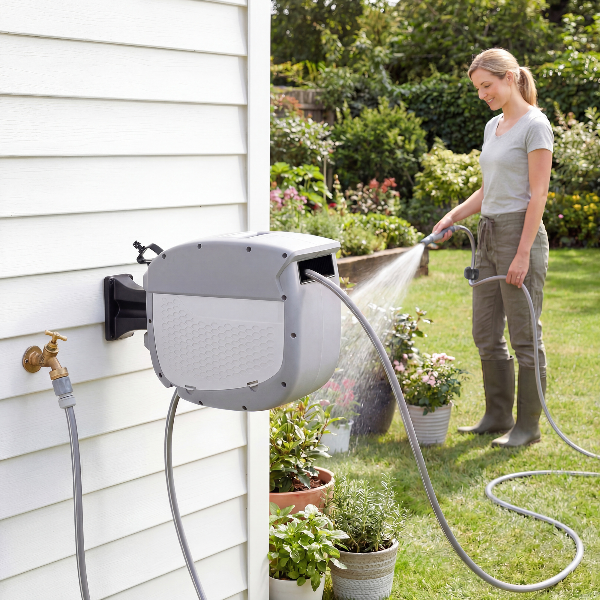 Schlauchtrommel mit Gartenschlauch 20 m, 180° schwenkbar Schlauchbox mit automatische Aufrollung Selbstverriegelung