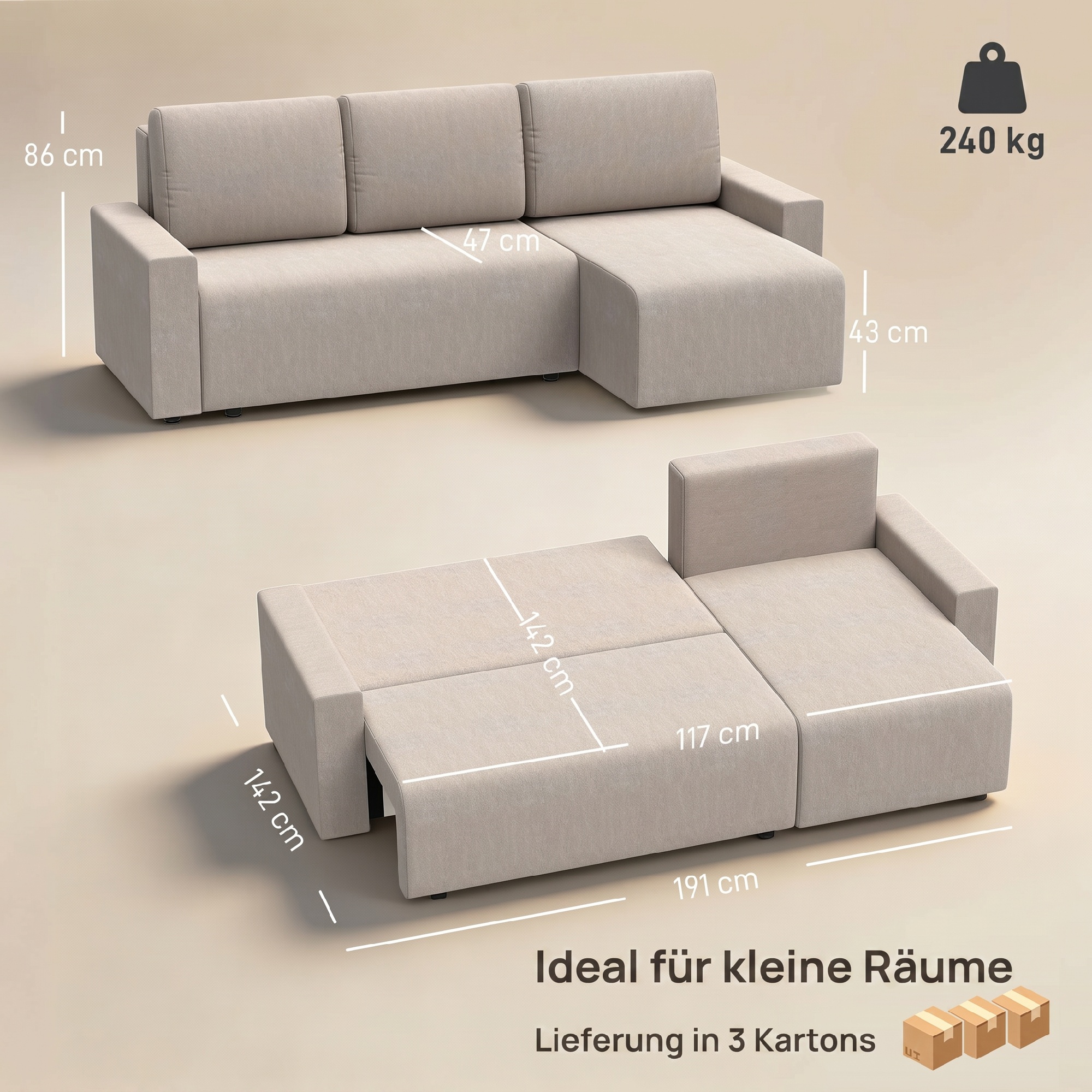 Ecksofa mit Schlaffunktion und umkehrbarer Chaiselongue, L-förmiges 3-Sitzer Sofa aus Veloursbezug, Beige