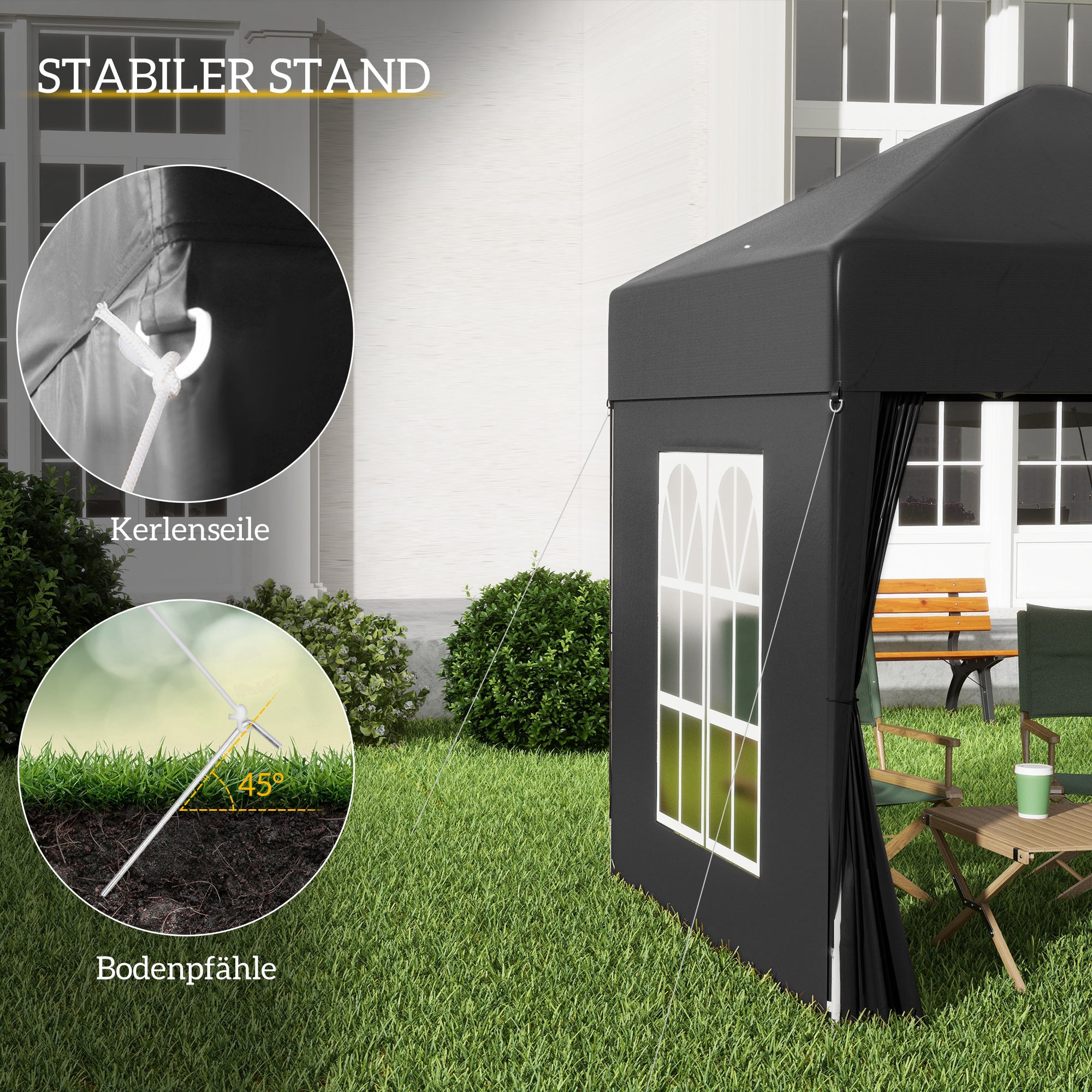 Faltpavillon, Bierzelt, 4 abnehmbare Seitenwände, 2 Fenster, Metallrahmen, 2 x 2m, Schwarz