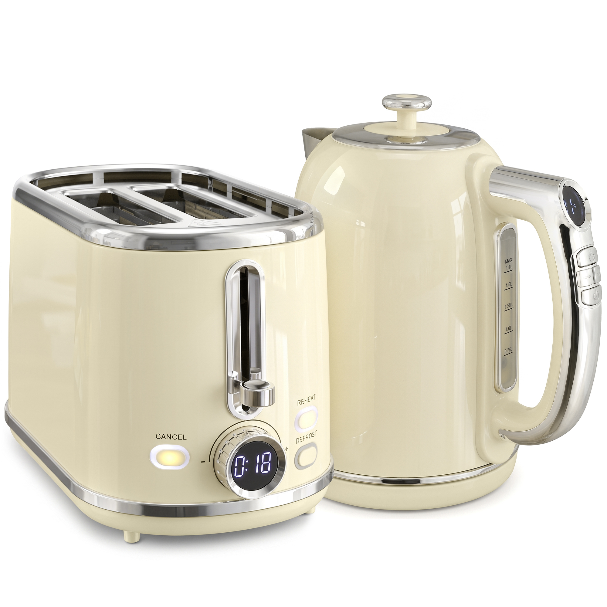Wasserkocher- und Toaster-Set mit LED-Display, 1,7-L-Wasserkocher mit 3 Std. Warmhaltefunktion, Creme