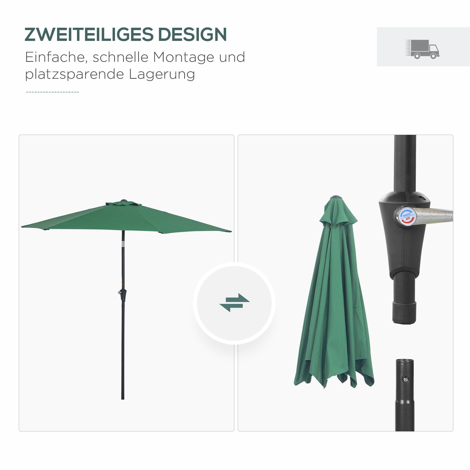 Knickschirm Sonnenschirm Gartenschirm Marktschirm mit Handkurbel Alu 180/? Polyester Dunkelgrün ?2,6 x 2,35 m
