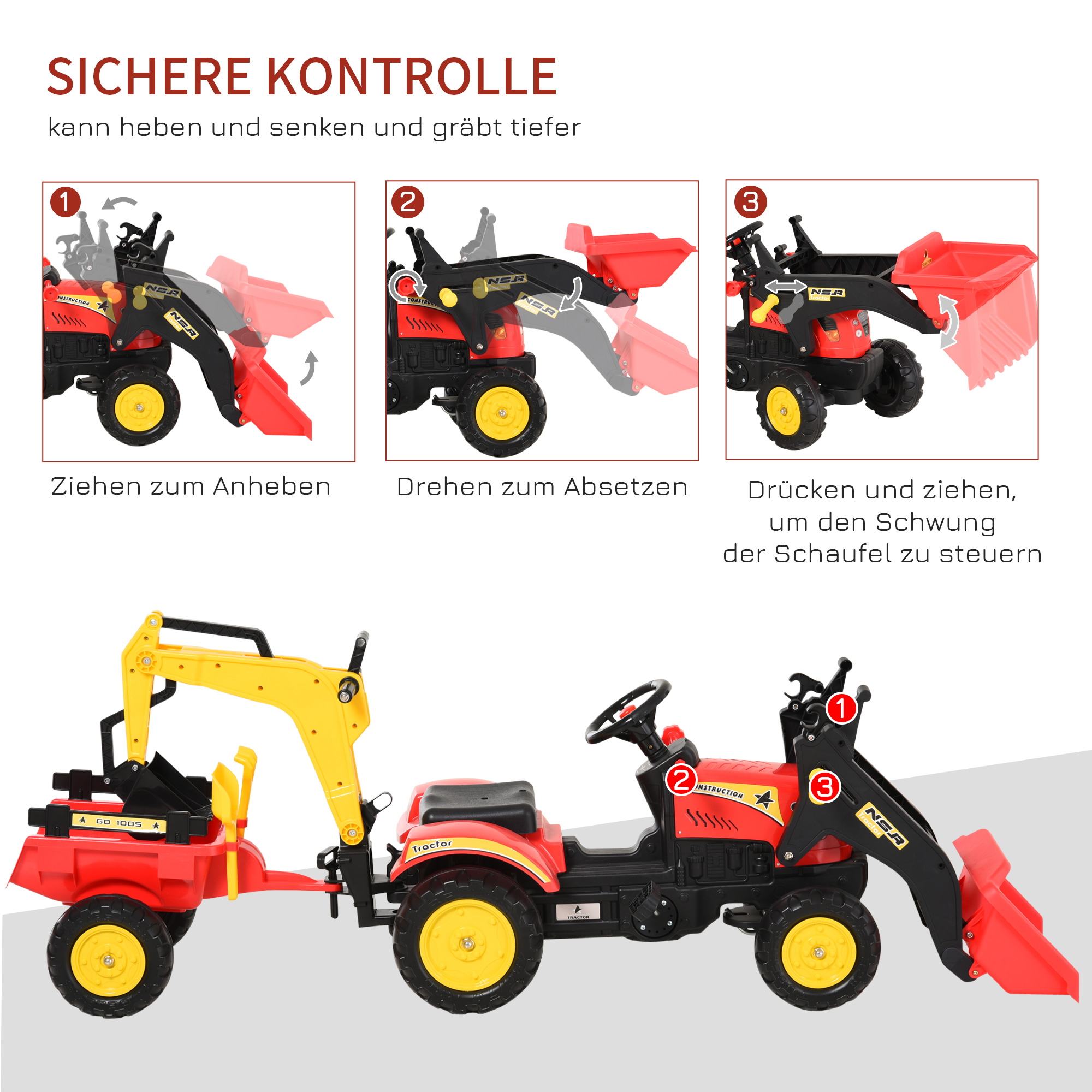 Trettraktor mit Anhänger, Frontlader, verstellbarer Schaufel, Traktor Tretfahrzeug für Kinder ab 3 Jahren Rot