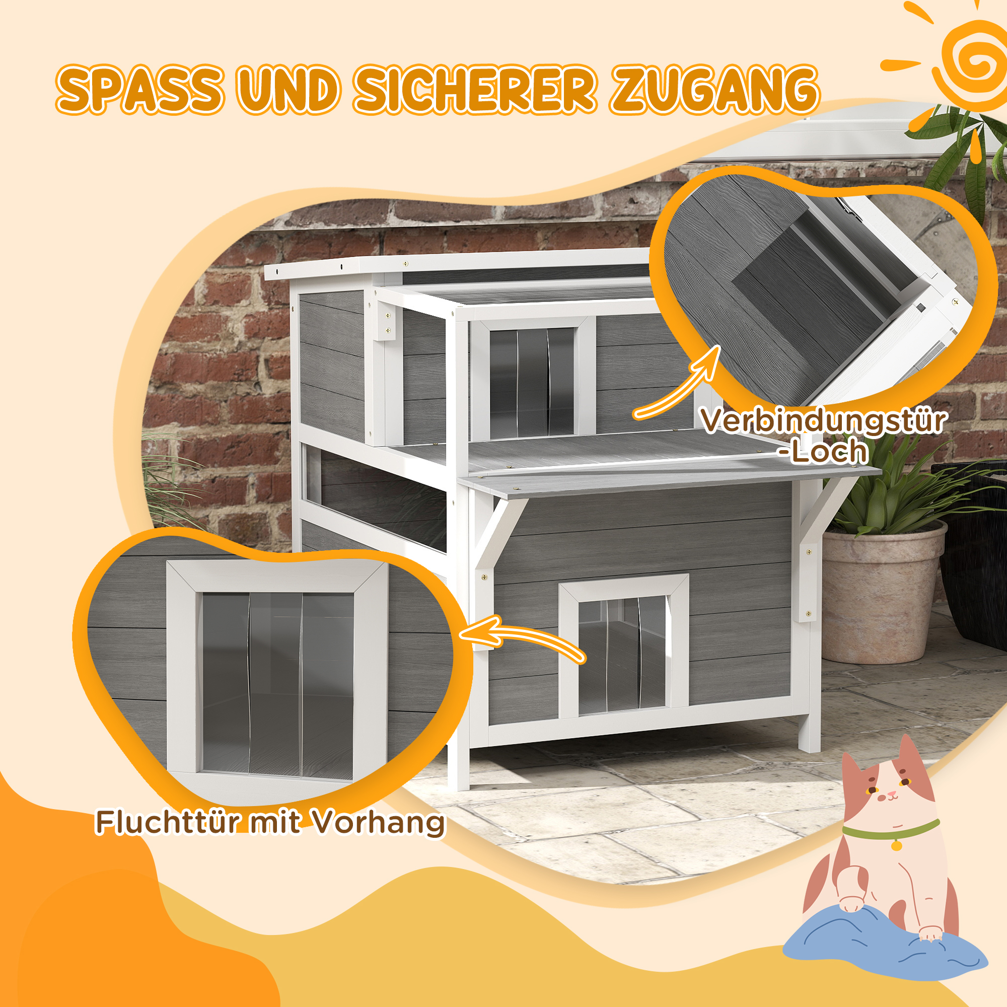 2-stöckiges Katzenhaus mit Balkon, Wetterfeste Katzenhütte, Regen- und Sonnenschutz, für drinnen und draußen, Hellgrau