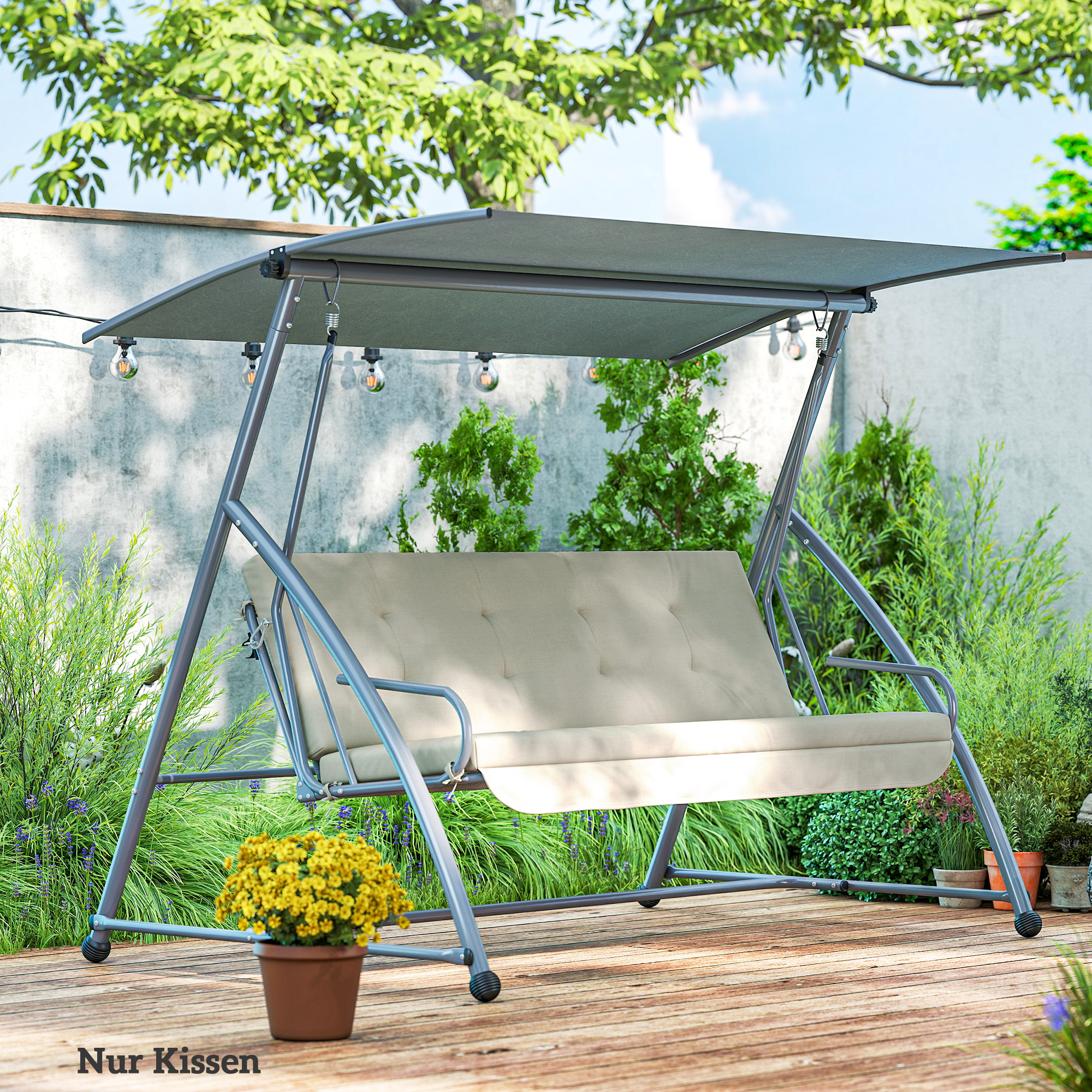 Auflagen-Set für Hollywoodschaukel 170 cm Stuhlkissen Schaukelauflage Sitzkissen Gartenschaukel Gartenpolster Rückenkissen Seitenkissen Beige