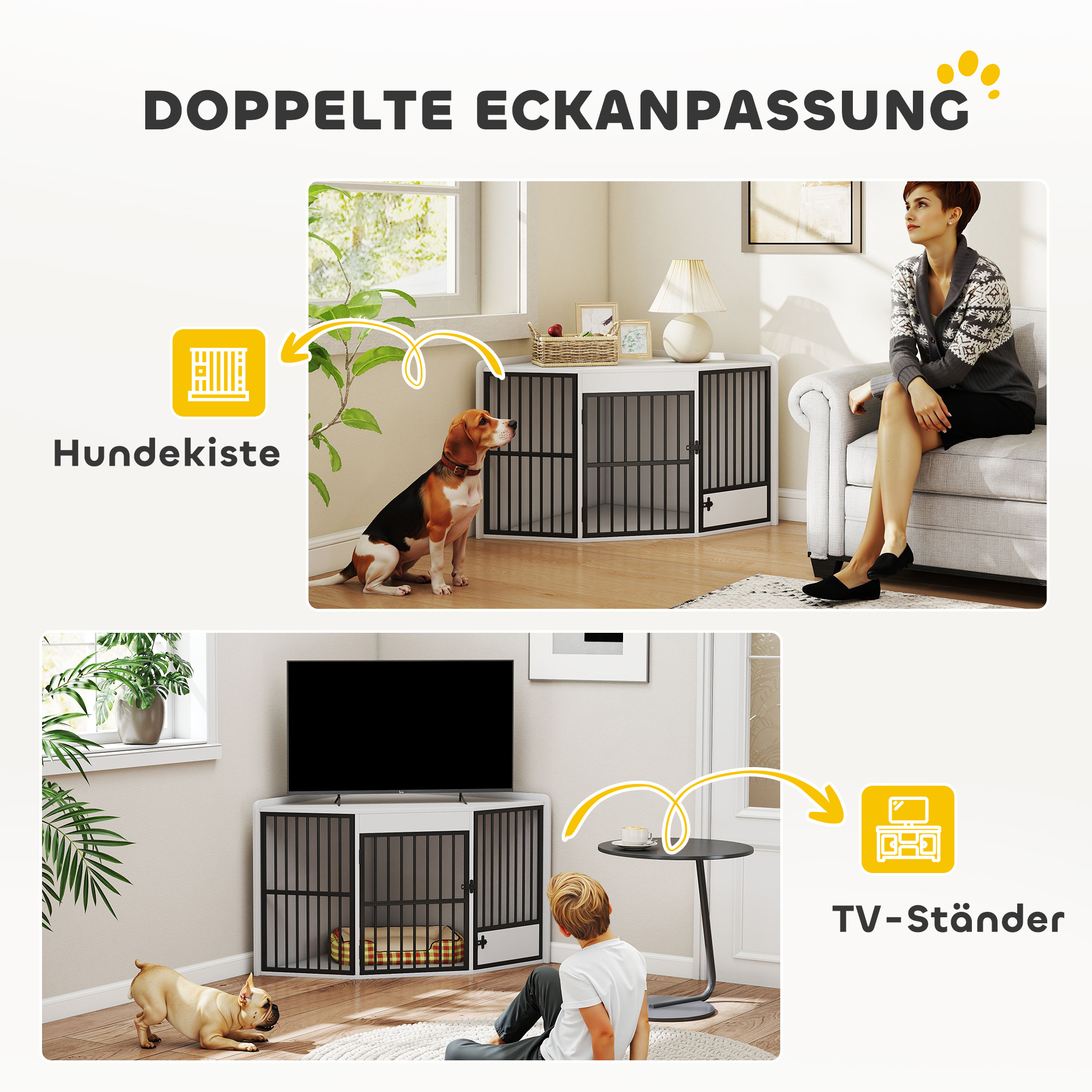 Hundebox, Aufenthaltsbox für kleine und mittelgroße Hunde, Haustierbox, Fütterungstür, MDF, Metall, Weiß