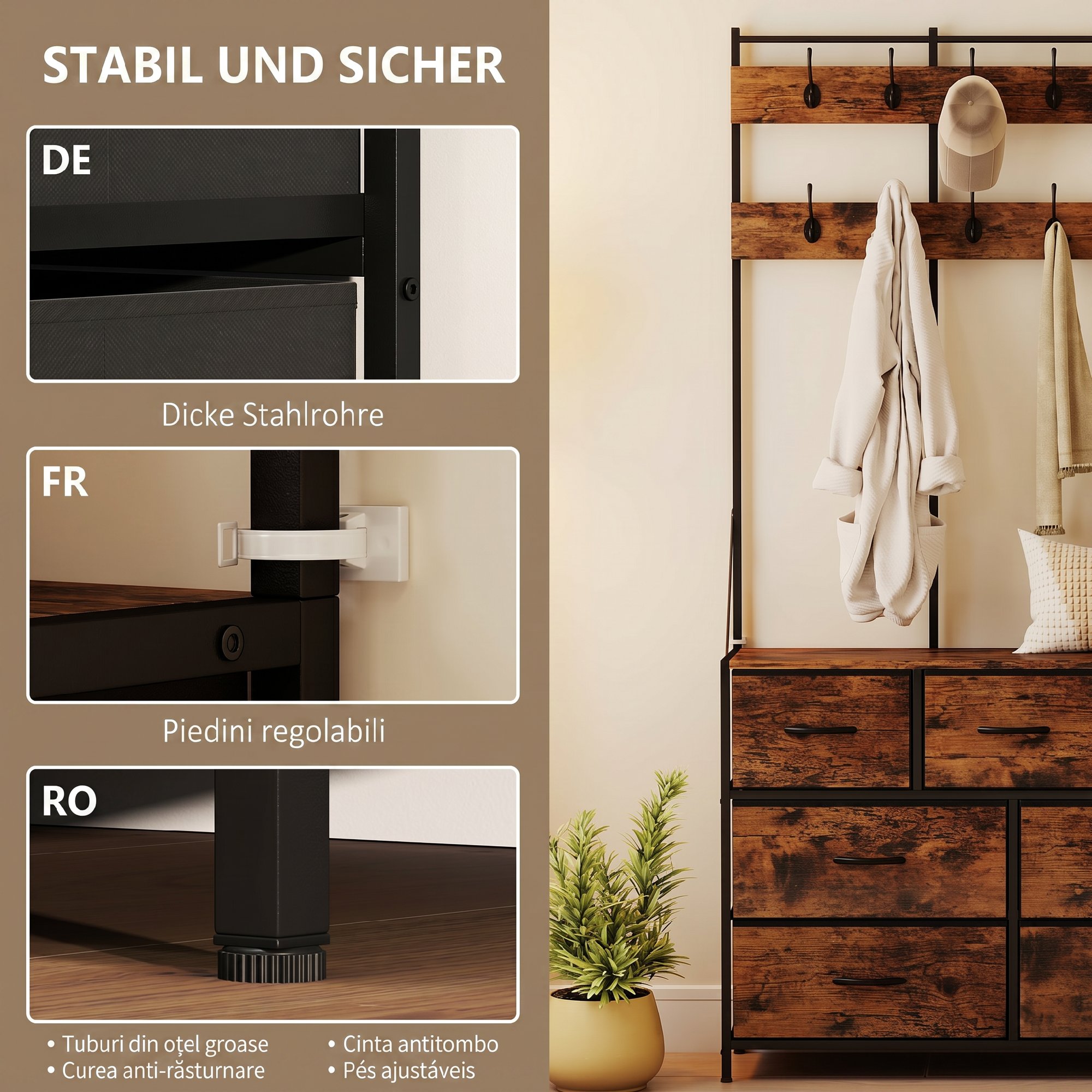 Garderobenständer, Kleiderständer mit Stoff-Schublade, 14 Haken für Flur, Schlafzimmer, Rustikal-Braun, Höhe 183 cm