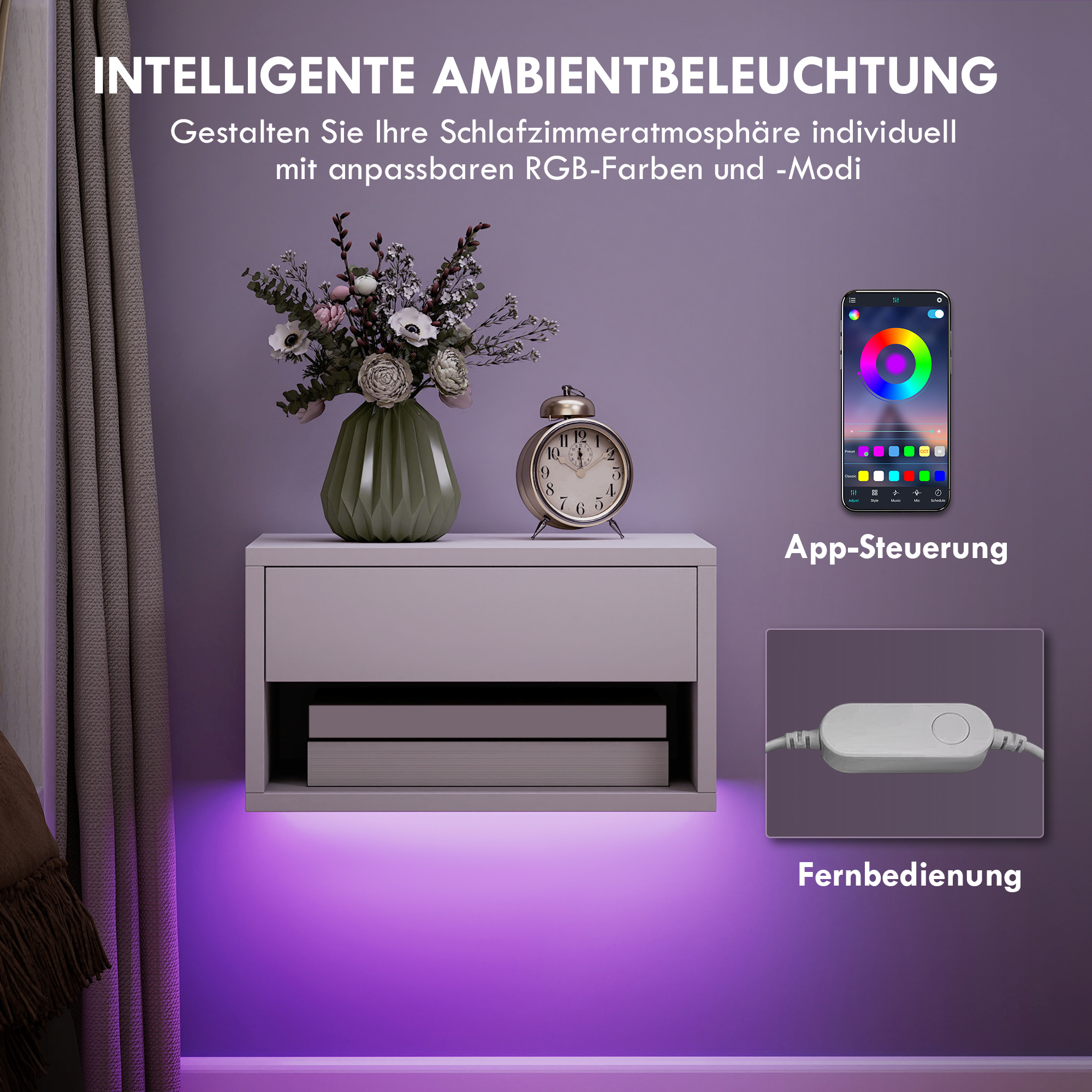 Nachttisch 2er-Set mit RGB-LED-Beleuchtung, schwebender Nachttisch mit Schublade und offenem Fach, Weiß