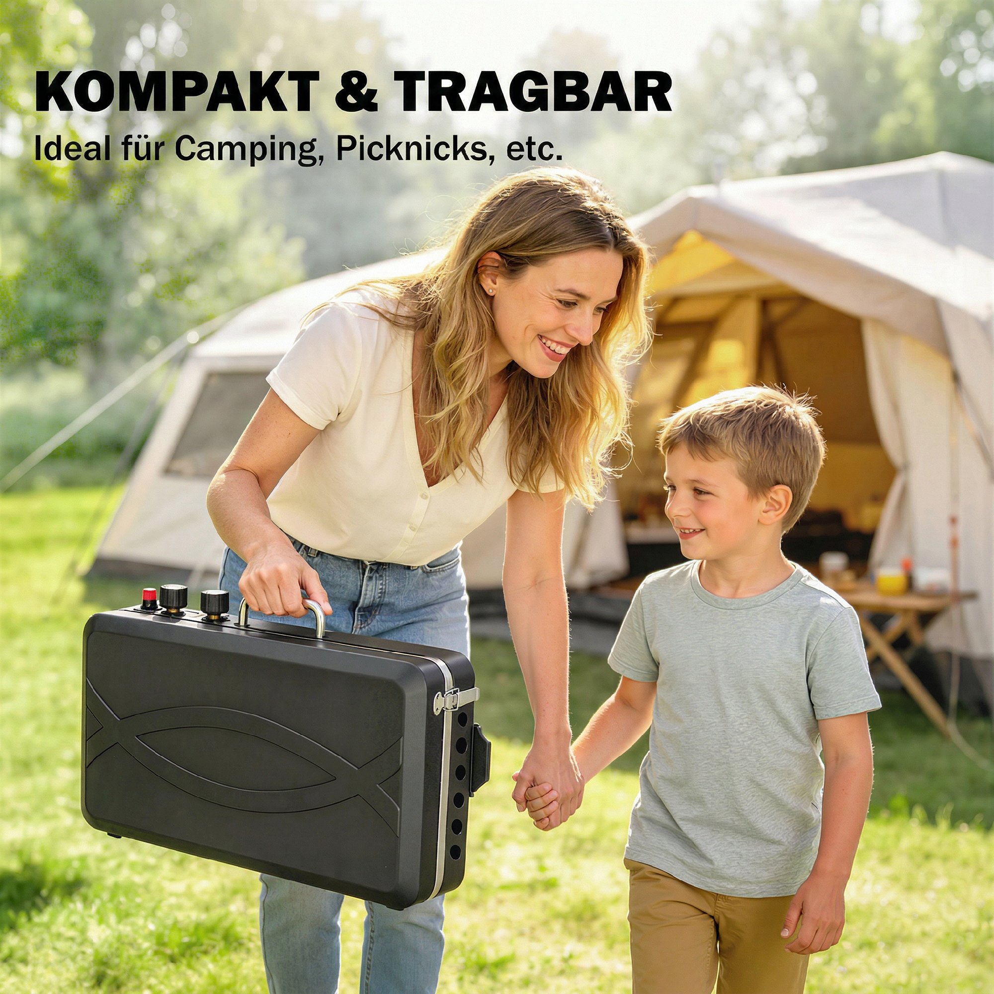 tragbarer Gasgrill 2 Brenner 7 kW 2-in-1 Tischgrill mit Braten klappbar Beinen Grillrost Windschutz Deckel Verschluss