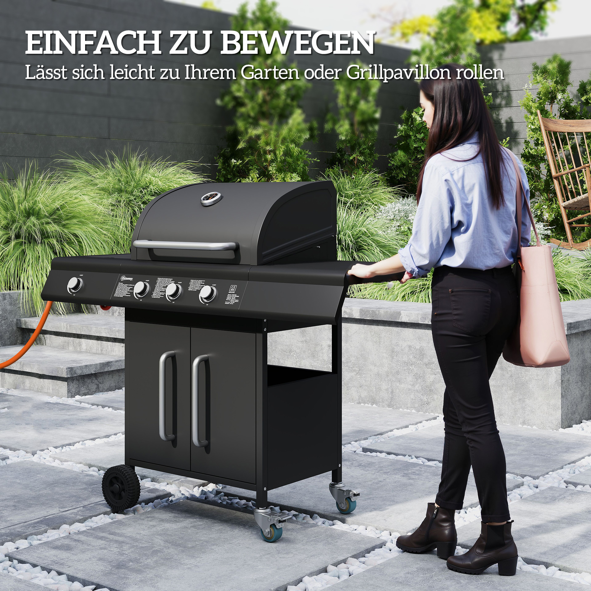 fahrbarer Gasgrill mit Stauraum, Seitentisch, Seitenbrenner, Warmhalterost, Thermometer, Edelstahl, Schwarz